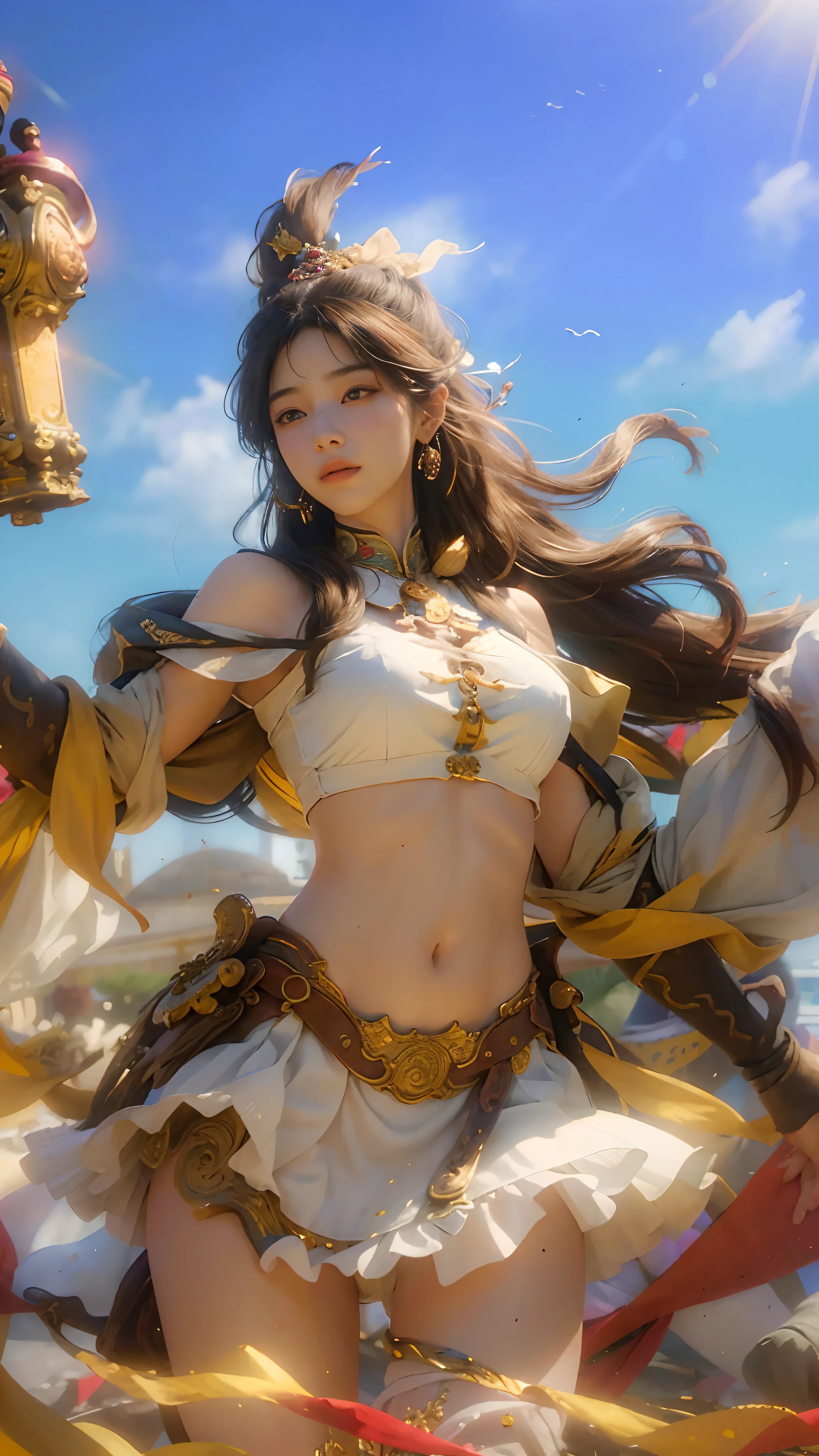 (RAW photo, best quality), (realistic, photo-realistic:1.3),best quality,highly detailed,masterpiece,ultra-detailed,illustration,1girl,upper_body,dynamic angle,world masterpiece theater,messy_long_hair,best quality,extremely detailed CG unity 8k wallpaper,ink,Amazing,cinematic lighting,lens_flare, dunhuang_style
