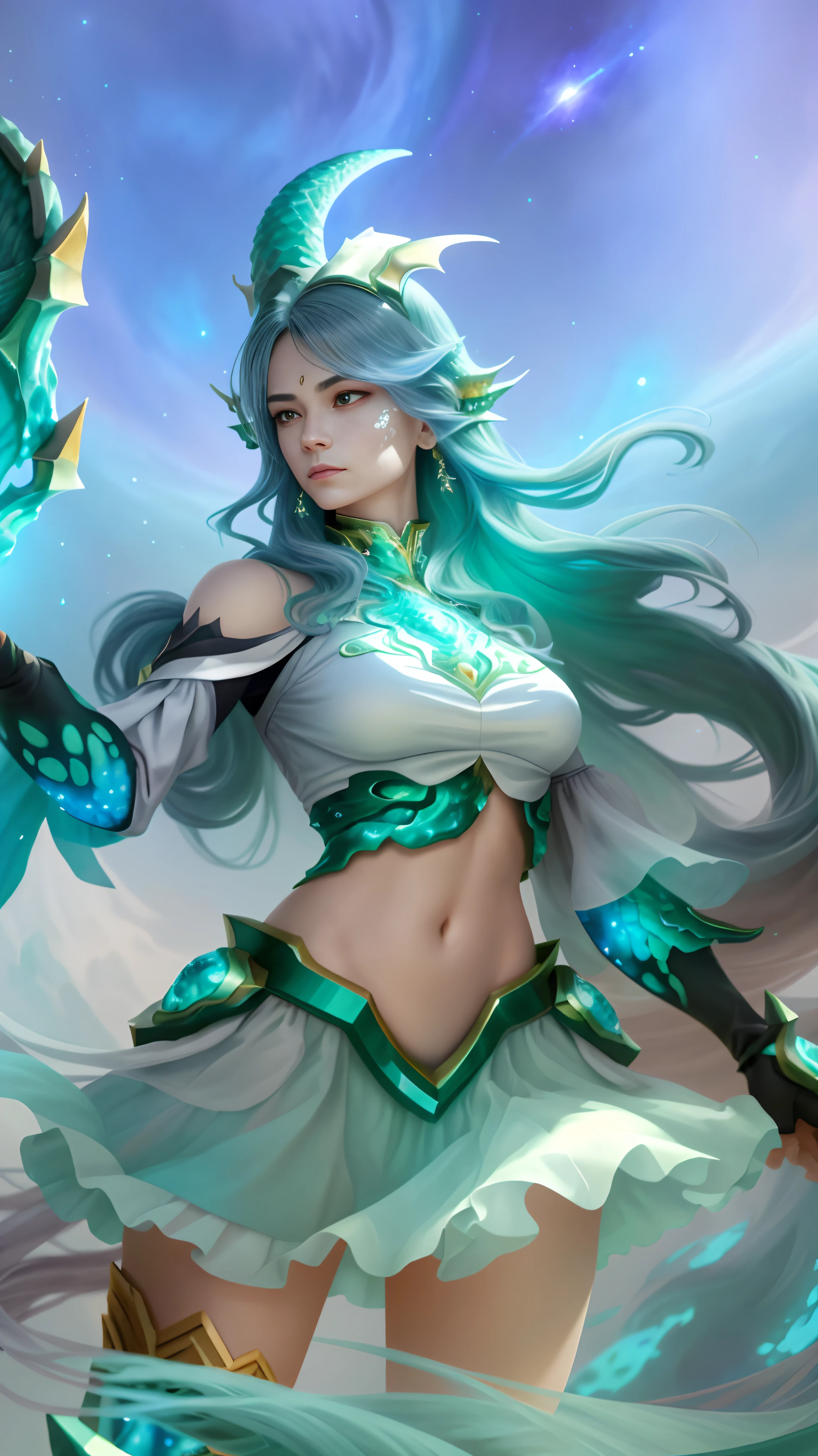 This astonishing image captures the essence of a female dragonoid with a breathtakingly beautiful human head and long flowing hair. The dragonoid's body is meticulously covered in intricate dragon scales, accentuating its ethereal appearance. The scene is set in a cosmic environment, where swirling nebulas and distant galaxies create a mesmerizing backdrop. The dragonoid stands gracefully on the edge of the universe, with a highly detailed face and piercing eyes that convey a sense of wisdom and serenity. The skin and skin pores are painstakingly rendered, adding a layer of realism to the image. This artwork combines traditional painting techniques with digital enhancements to create a masterpiece that pushes the boundaries of imagination.