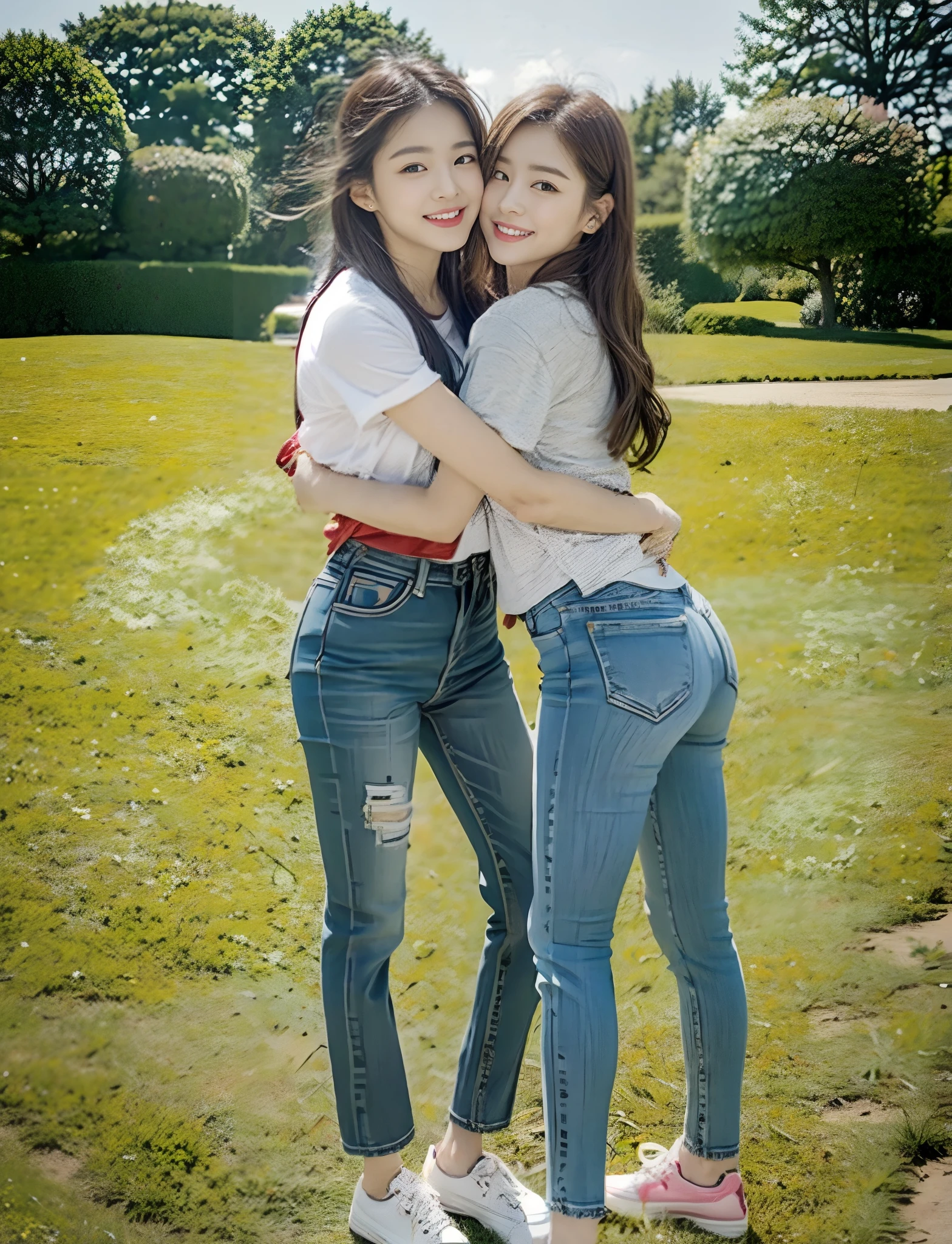 (RAW photogr,超高分辨率,tmasterpiece,best qualtiy:1.4),Complicated details,2 20 year old Korean girl,Wear a stylish t-shirt and stylish micro-flared jeans,Stand on the grass and take pictures,hugs,Intimate relationships,detailed outfits,Detailed meadow,A sweet and healing smile appeared on the little face,The face and skin are pink and fair,Ultra-realistic facial details,Beautiful ribbon hair accessories,Playful and coquettish pose,The calves are straight and slender:1.5,Wear high-end branded colorful travel shoes:1.5,eventide,warm color,Broad lighting,naturalshadow,taken from behind,Beautiful waist and hips,taking a full body photo:1.8