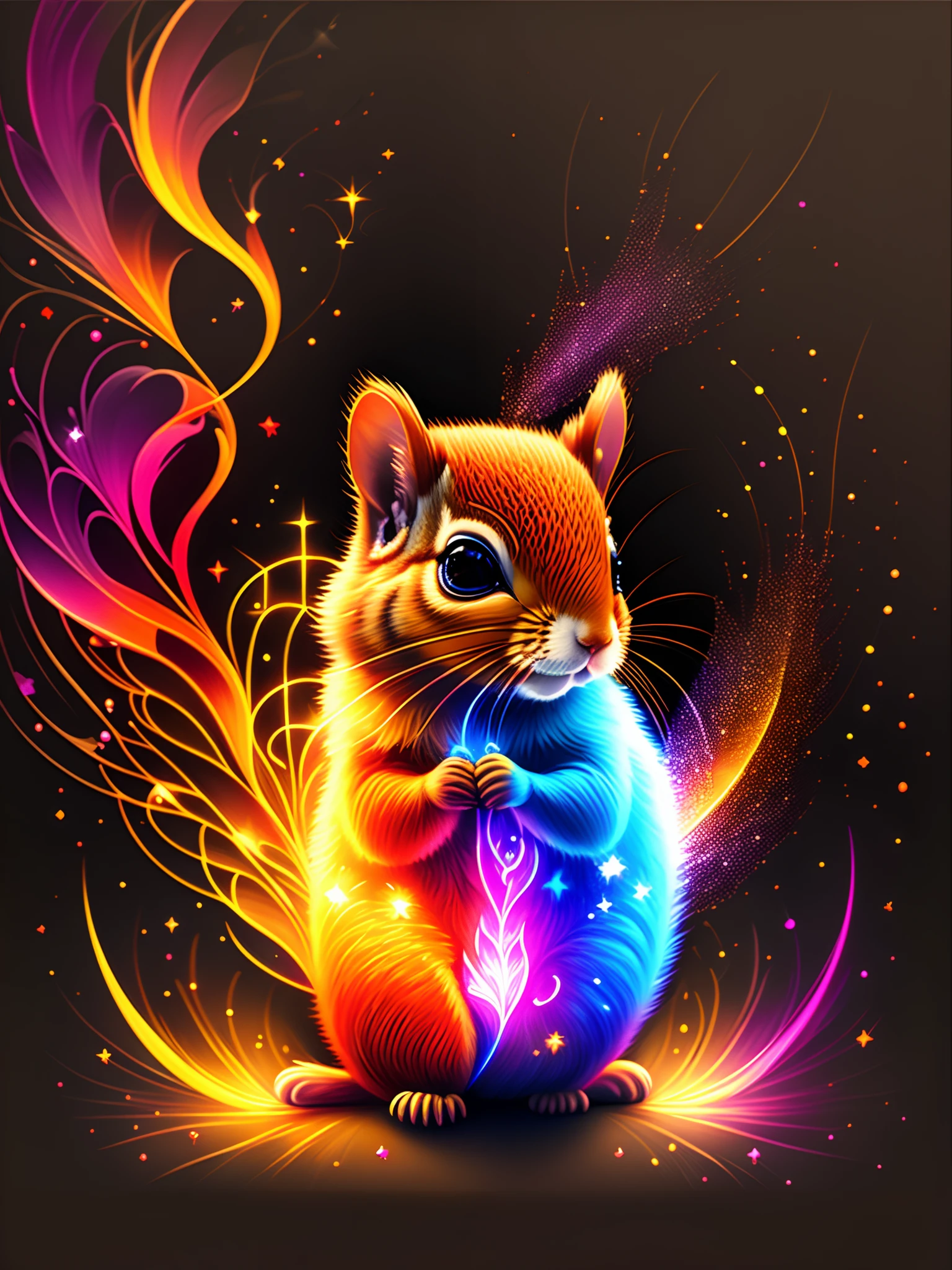 a painting of a colorful squirrel on a black background,, breathtaking rendering, within a radiant connection, inspired by Kinuko Y. Craft,, magical elements, kitten icon, wow, is beautiful, casting a multi colorful spell, bright flash, flash
