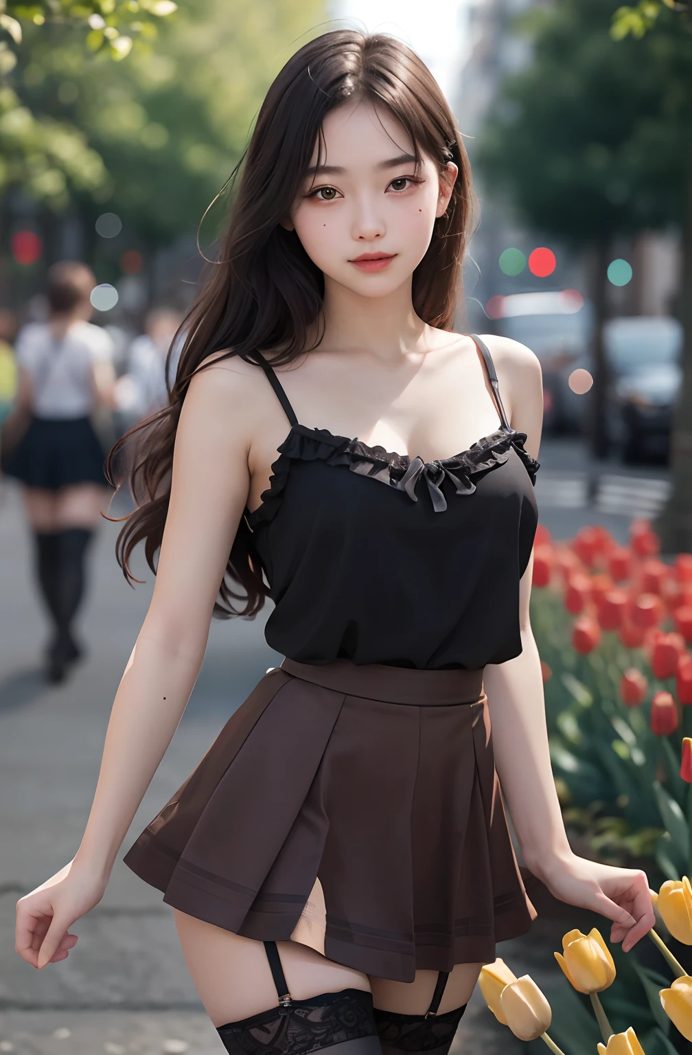 1girl, cute, , seductive expression, look at viewer, spaghetti strap top ,high waist tulip skirt, photo, realistic, best quality, hires, detailed face, detailed background, diffused lighting, depth of field, bokeh, thighhighs