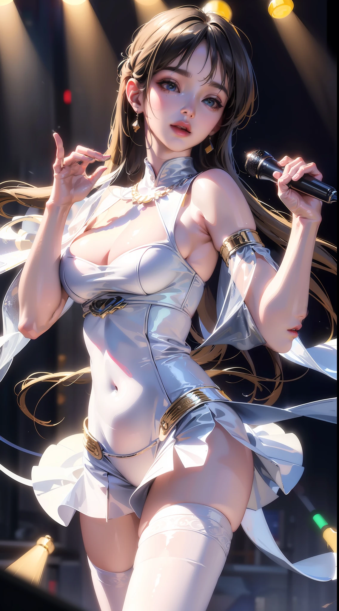 (8K, Best quality, Masterpiece:1.2), (Realistic, photo-realistic:1.37), Ultra-detailed, Idol singer，Mature and feminine，Stage，holding a mic，8K，super-fine，Spotlights