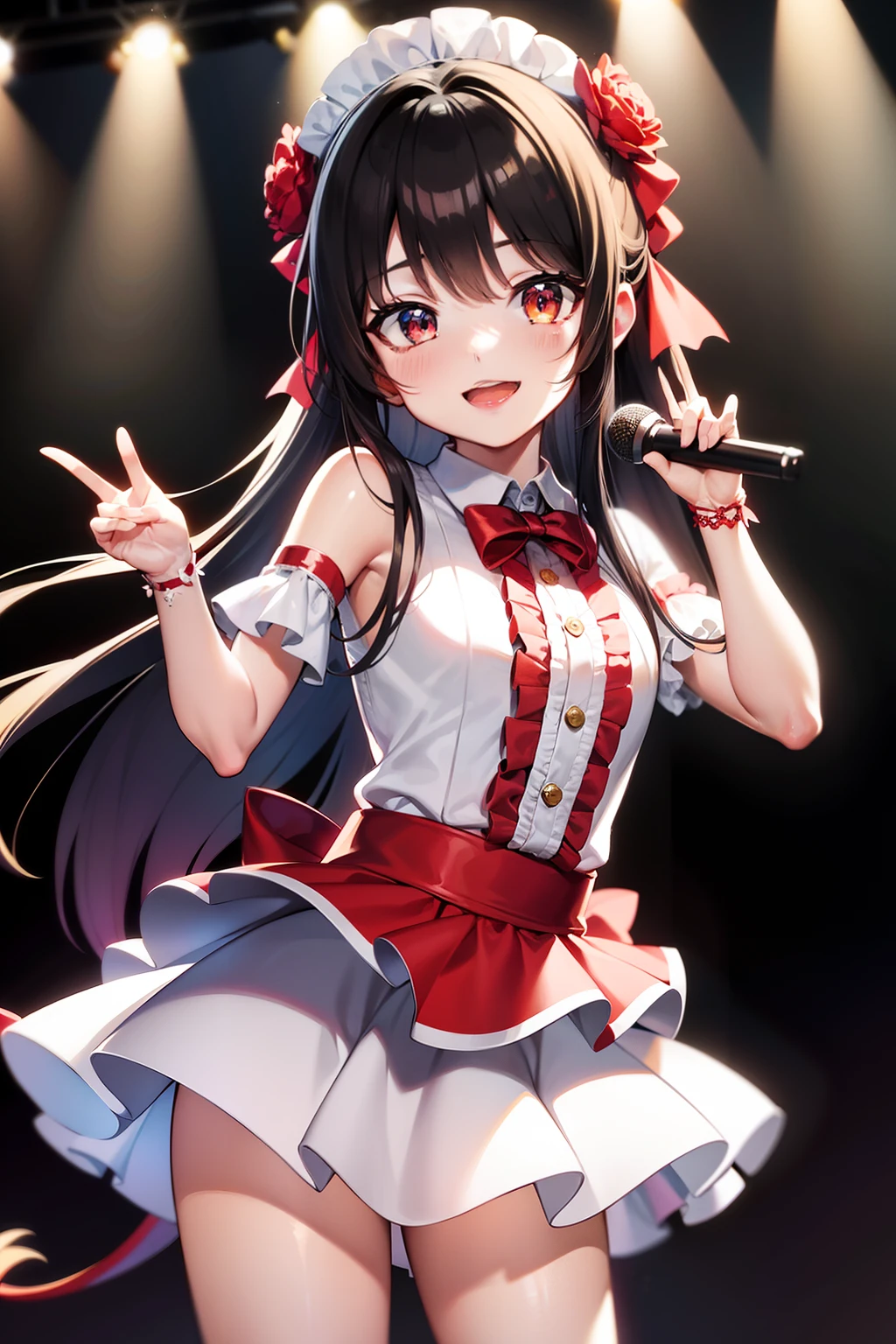 ​masterpiece, top-quality, Hi-Res,, 独奏, cowboy  shot, on a stage, Have a microphone, a smile, open open mouth,Clear face、Dark hair、Longhaire、a miniskirt、White and red idol costume with frills、idol stage