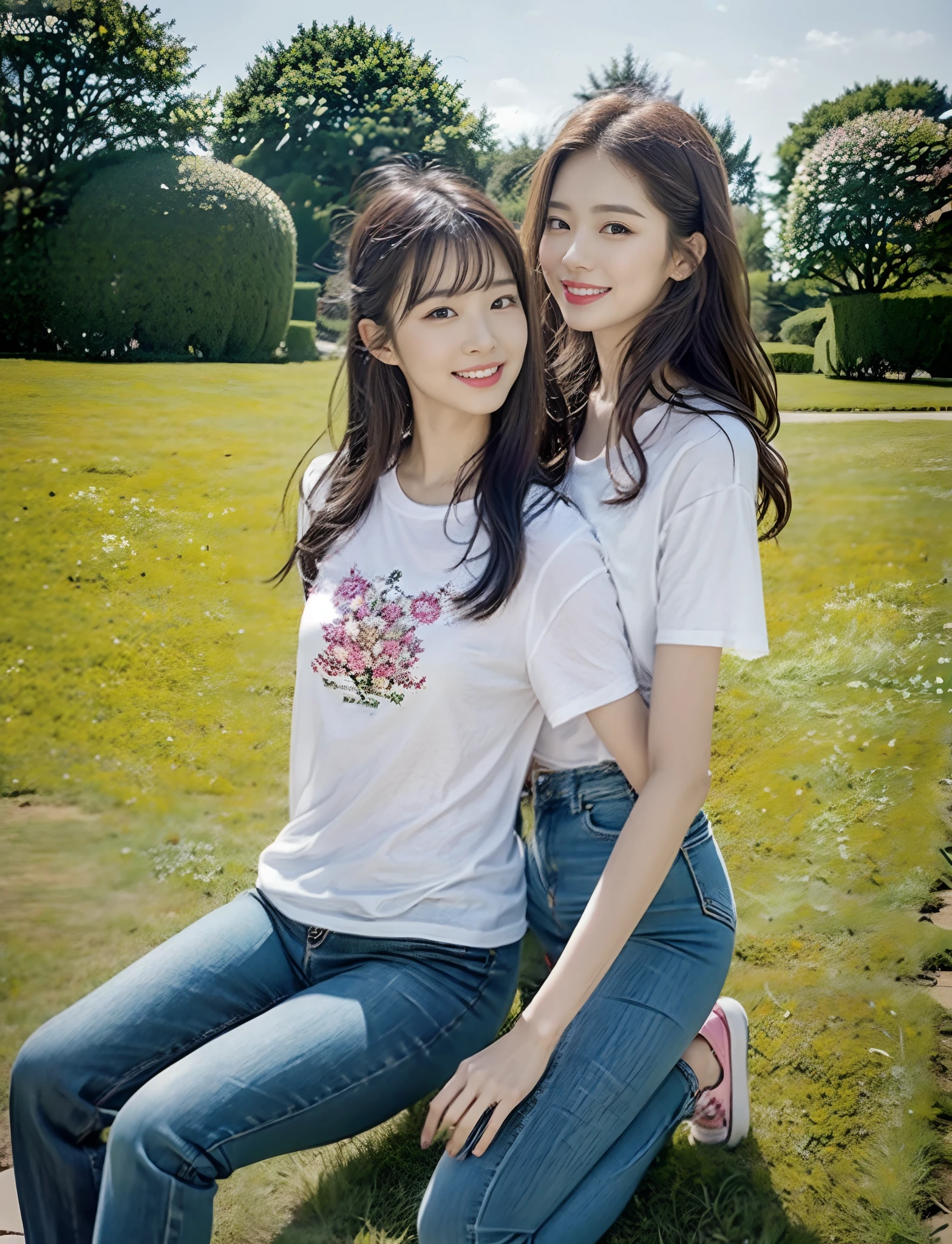 （RAW photogr，超高分辨率，tmasterpiece，best qualtiy：1.4），Complicated details，2 20 year old Korean girl，Wear a stylish t-shirt and stylish micro-flared jeans，Stand on the grass and take pictures，hugs，Intimate relationships，detailed outfits，Detailed meadow，A sweet and healing smile appeared on the little face，The face and skin are pink and fair，Ultra-realistic facial details，Beautiful ribbon hair accessories，Playful and coquettish pose，The calves are straight and slender:1.5，Wear high-end branded colorful travel shoes:1.5，eventide，warm color，Broad lighting，naturalshadow，taken from behind，Beautiful waist and hips，taking a full body photo:1.8