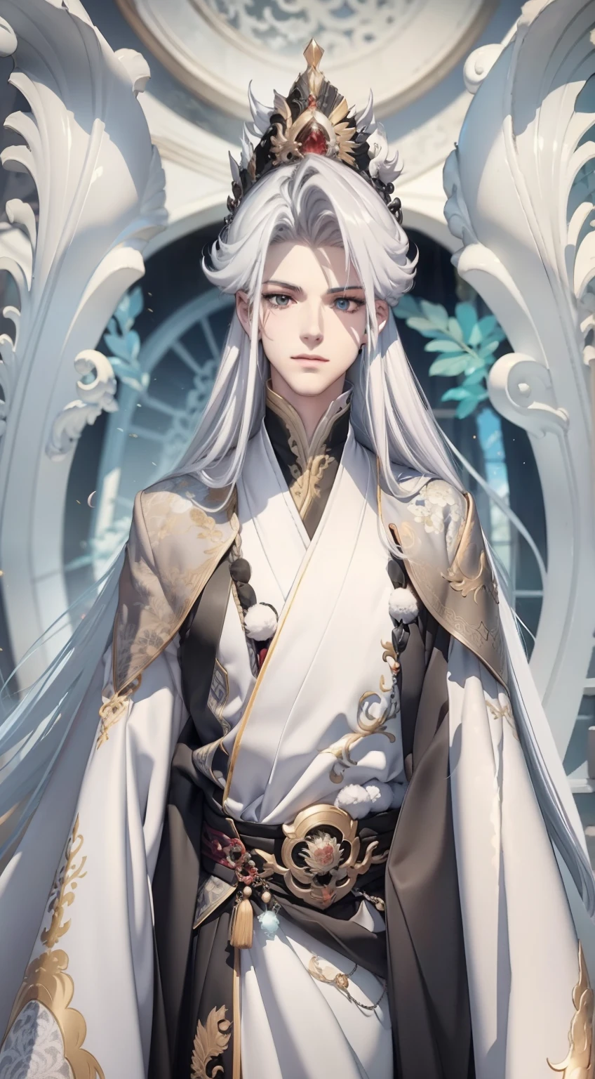 Silver hair, Very long hair,kanzashi, forehead mark, Gradient eyes, face drawn and pale, Lonely, White dragon robe, China-style, Anime style, 8K, Super detail, Anatomically correct, ccurate，Male Youth，Sick，The emperor's crown，soft，Persona diagram，big breasts beautiful，Exhaustion，glomy，Silver eyes，年轻，Beautiful face，Holding a black folding fan，Silver moire，Girly appearance