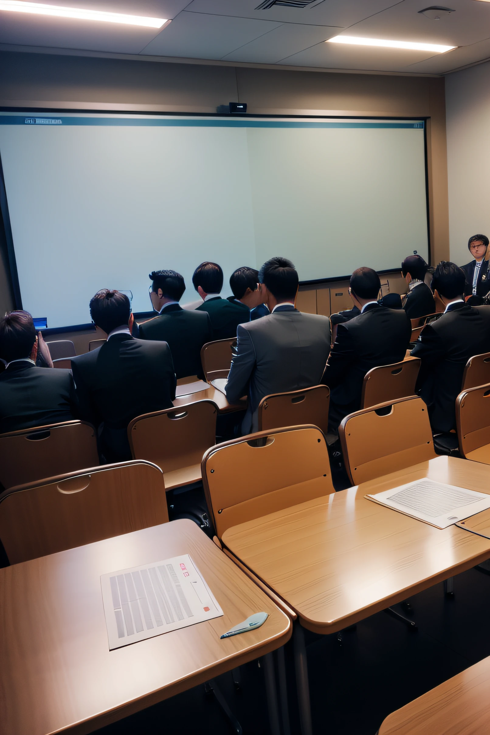 meeting room、69 people sitting、One instructor、Everyone is looking at the PowerPoint screen in front of them、during daytime