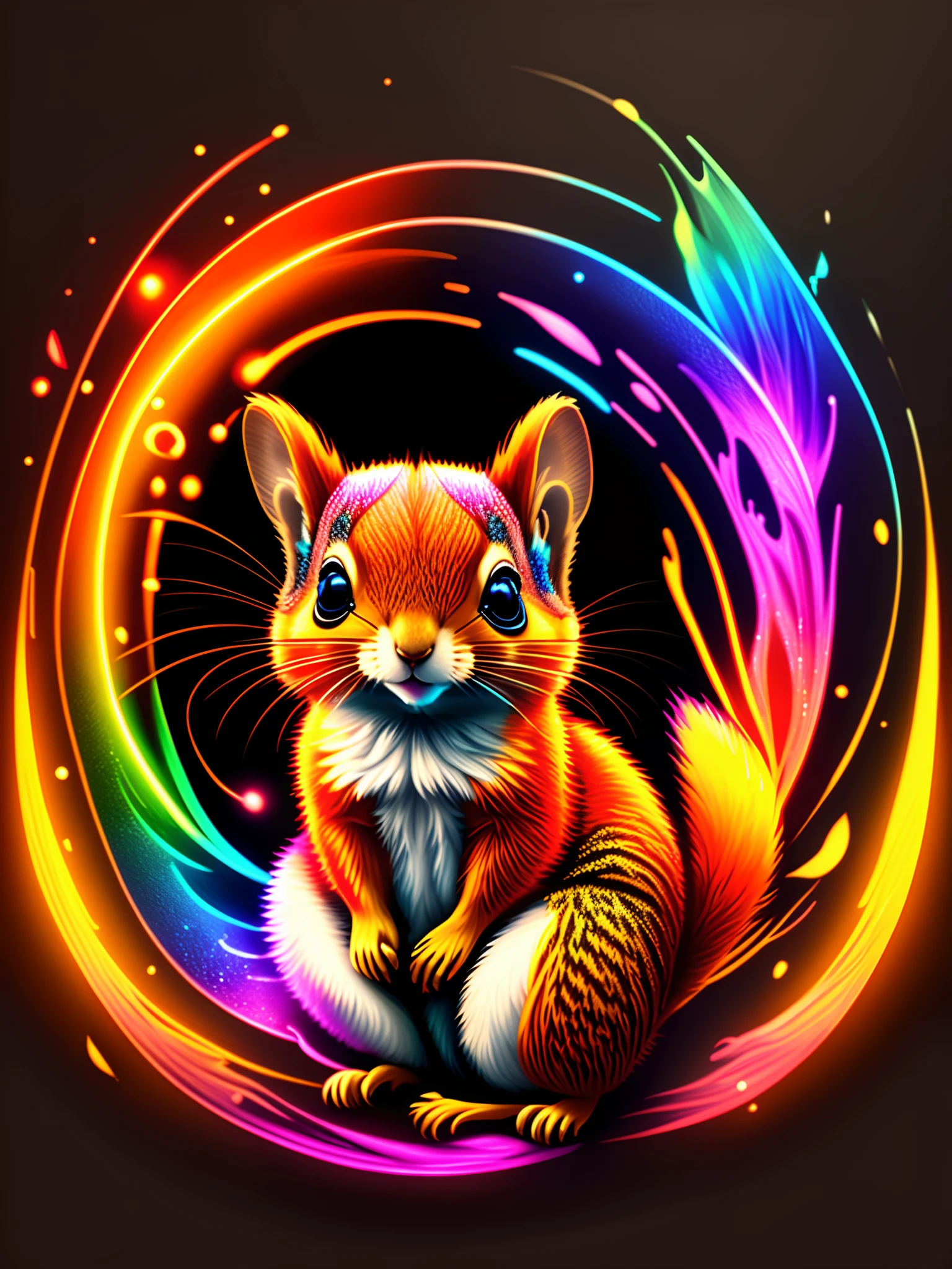 a painting of a colorful squirrel on a black background,, breathtaking rendering, within a radiant connection, inspired by Kinuko Y. Craft,, magical elements, kitten icon, wow, is beautiful, casting a multi colorful spell, bright flash, flash