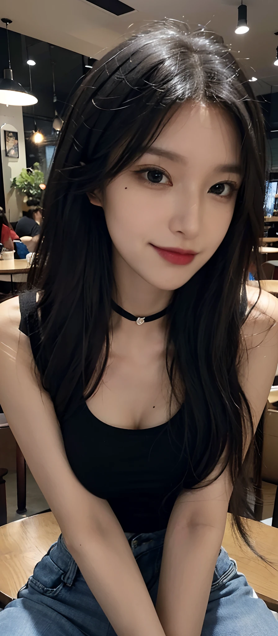 (realistic, high resolution:1.3), (face close up), 1 girl with perfect figure, super fine face and eyes, black hair, long hair, tank top: 1.2 in random colors, short jeans, in a café, coffee on the table, big breasts, cleavage, choker, smile