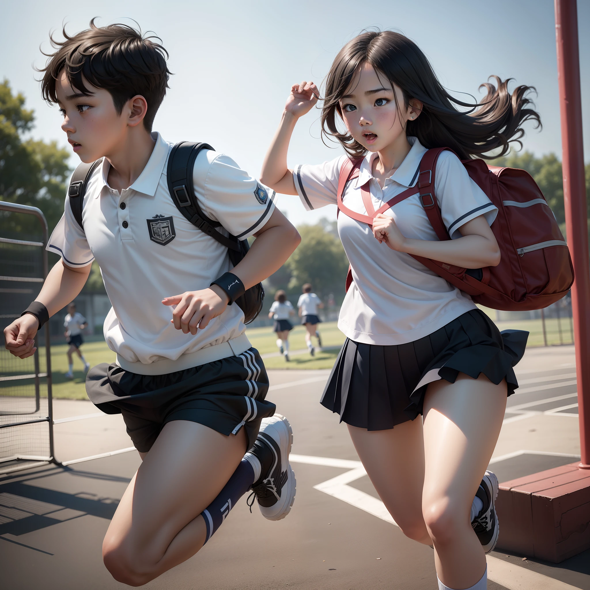 1boy1girl,Two junior high school students in school uniforms run on the playground,photore,8K,A high resolution,Highest texture, --v6