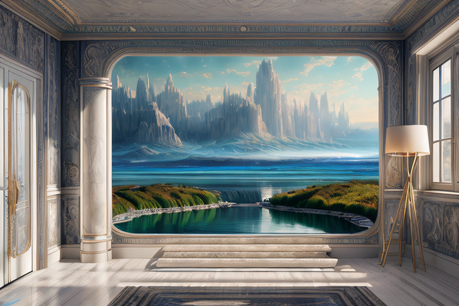 paysage futuriste, Eau, (Highly detailed CG Unit 8k wallpaper), The most beautiful work of art in the world, Professional majestic oil painting, complexe, High detail, mise au point nette, dramatique, Art of photorealist painting,