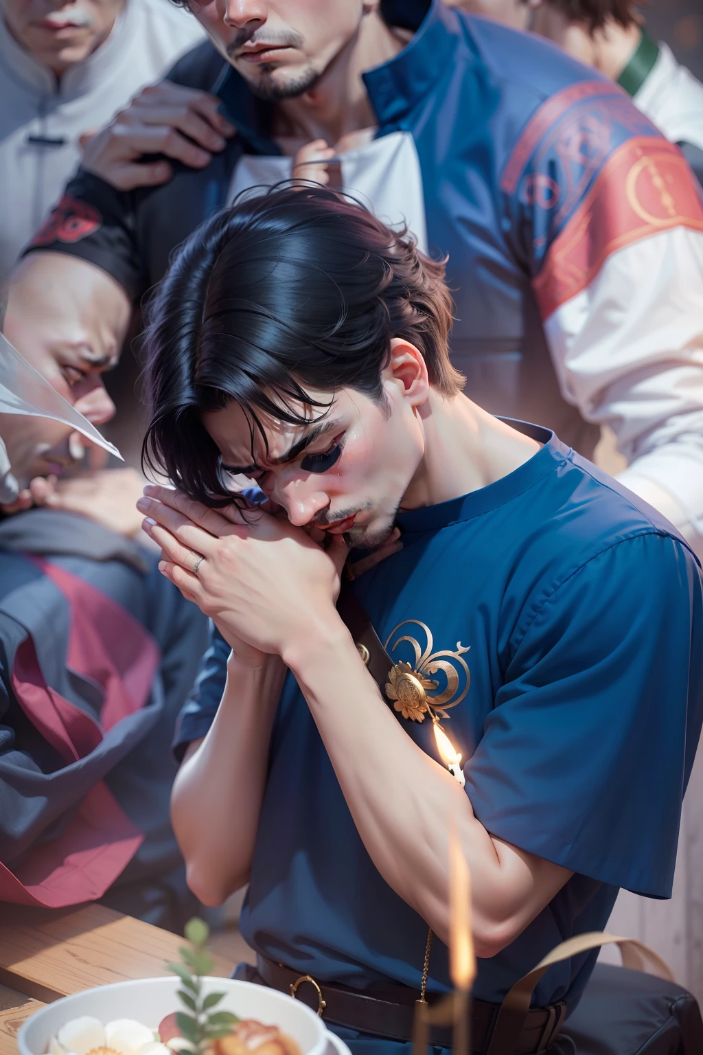 There was a man praying with his face in his hands, DOA, DOA, Very sad, Kneel and pray, doing a prayer, heartbreaking, praying pose, prayer meditation, pray, head bowed slightly, Sorrow, Sad expression, Sad, tear, Very emotional, Tears, Chinese male，The shirt is white and clean，Highlight the elegance of aristocracy, prayer hands, with a sad expression, facepalm