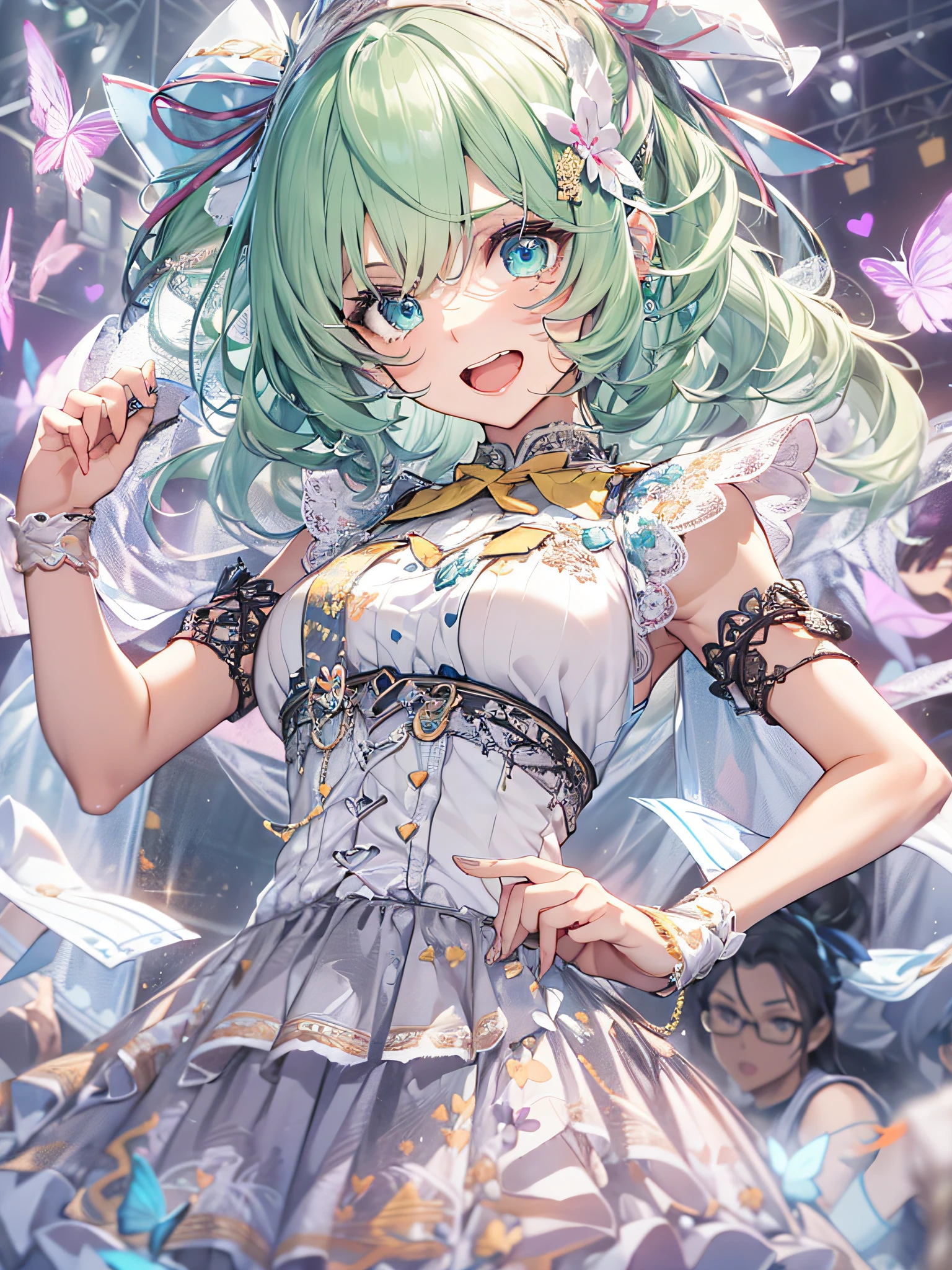 (Ultra-high resolution,masterpiece, Attention to detail, Highest quality), 8k,(hmcf, long hair, antlers, branch, braided bangs, hair flower, yellow eyes, large breasts, jewelry, dress, cleavage, wide sleeves, green flower, single thighhigh, white thighhighs),(Blessed,Captivating body、Ultra-detailed skin、Super beautiful eyes、Detailed Background),One girl、 (cheerful ,enjoy :1.5)