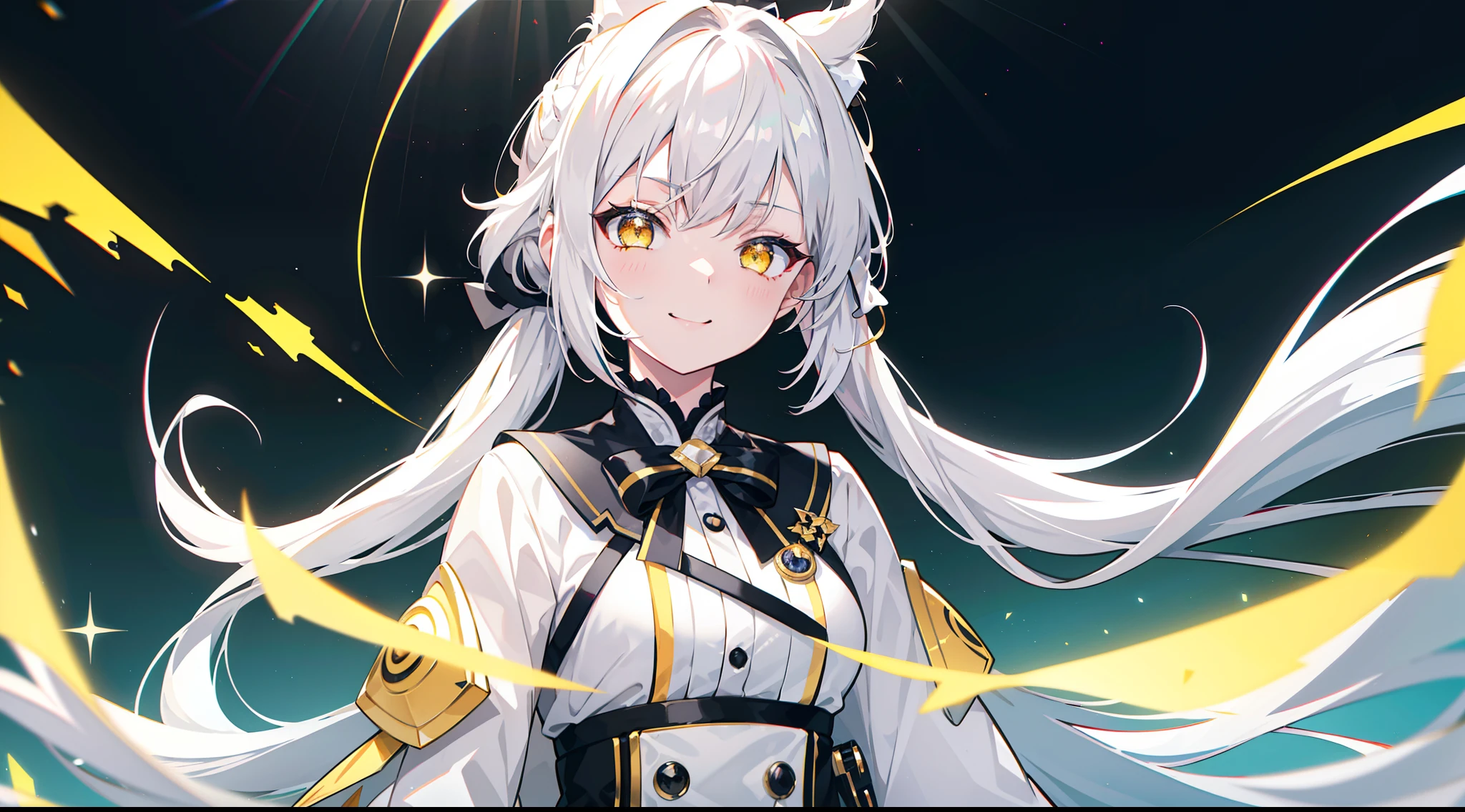 white hair, big hair, split ponytail, hair bow, yellow eyes, tsundere, light smile, sparkle, chromatic aberration, ray tracing, stereogram, glowing light, tachi-e, panorama, best quality, 16k, masterpiece, ccurate