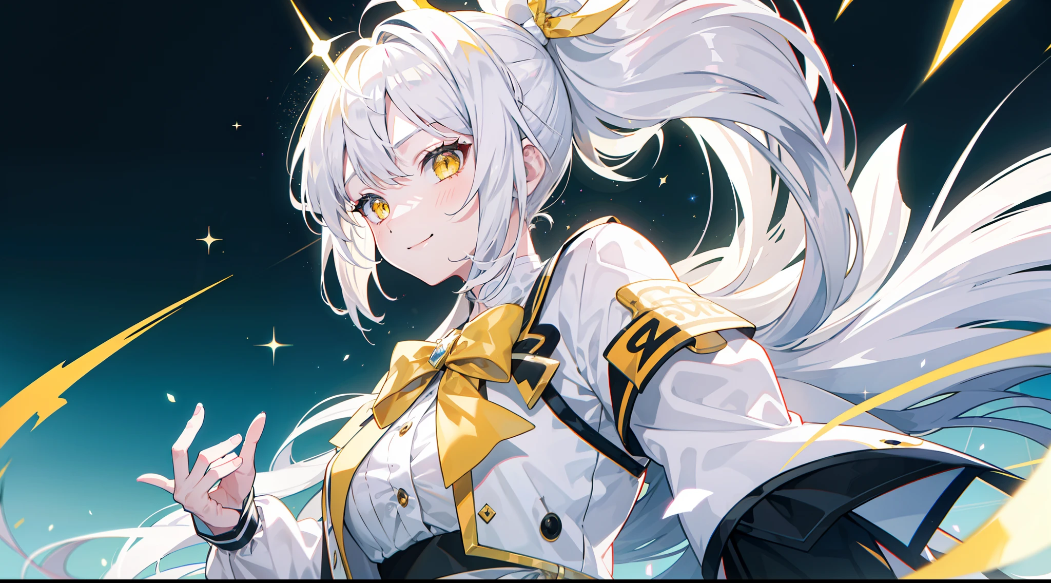 white hair, big hair, split ponytail, hair bow, yellow eyes, tsundere, light smile, sparkle, chromatic aberration, ray tracing, stereogram, glowing light, tachi-e, panorama, best quality, 16k, masterpiece, ccurate