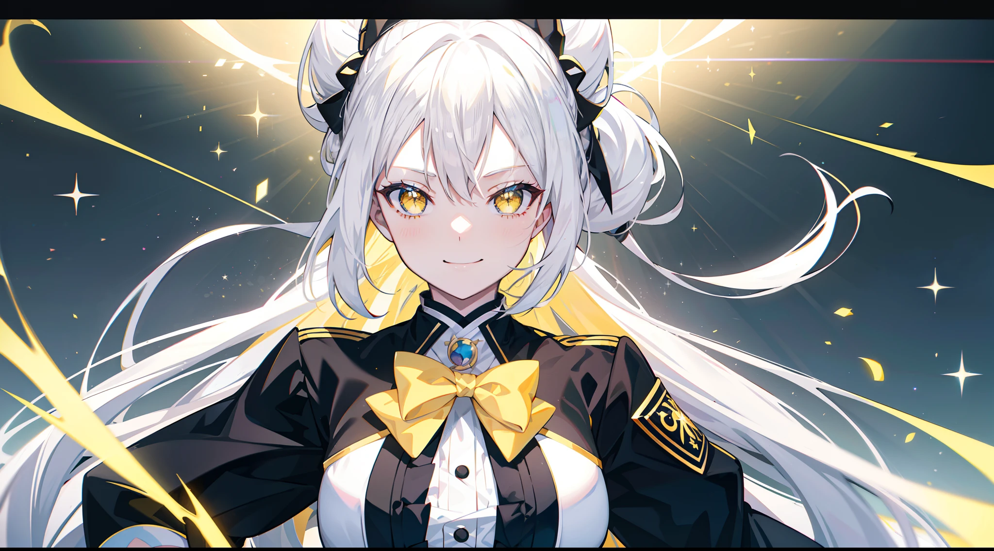 white hair, big hair, split ponytail, hair bow, yellow eyes, tsundere, light smile, sparkle, chromatic aberration, ray tracing, stereogram, glowing light, tachi-e, panorama, best quality, 16k, masterpiece, ccurate