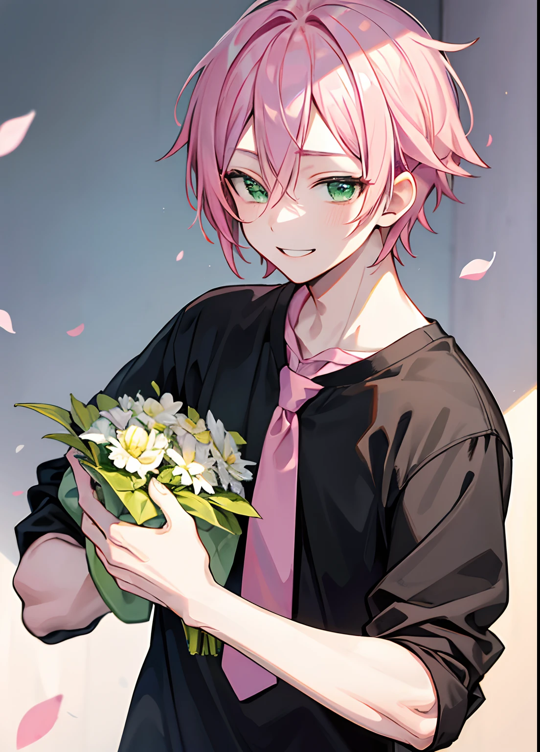 1guy, Handsome man, Solo,Pink-haired man,up looking_で_viewer, ((masutepiece,Best Quality)), Beautiful detailed eyes, beautifull detailed face、Light green eyes、Yellow-green eyes、hair between eye、logn hair、a cool、outer、twinks、Pink-haired young man、Calm、Cool System、Soothing、The best smile、Black shirt、pink tie、