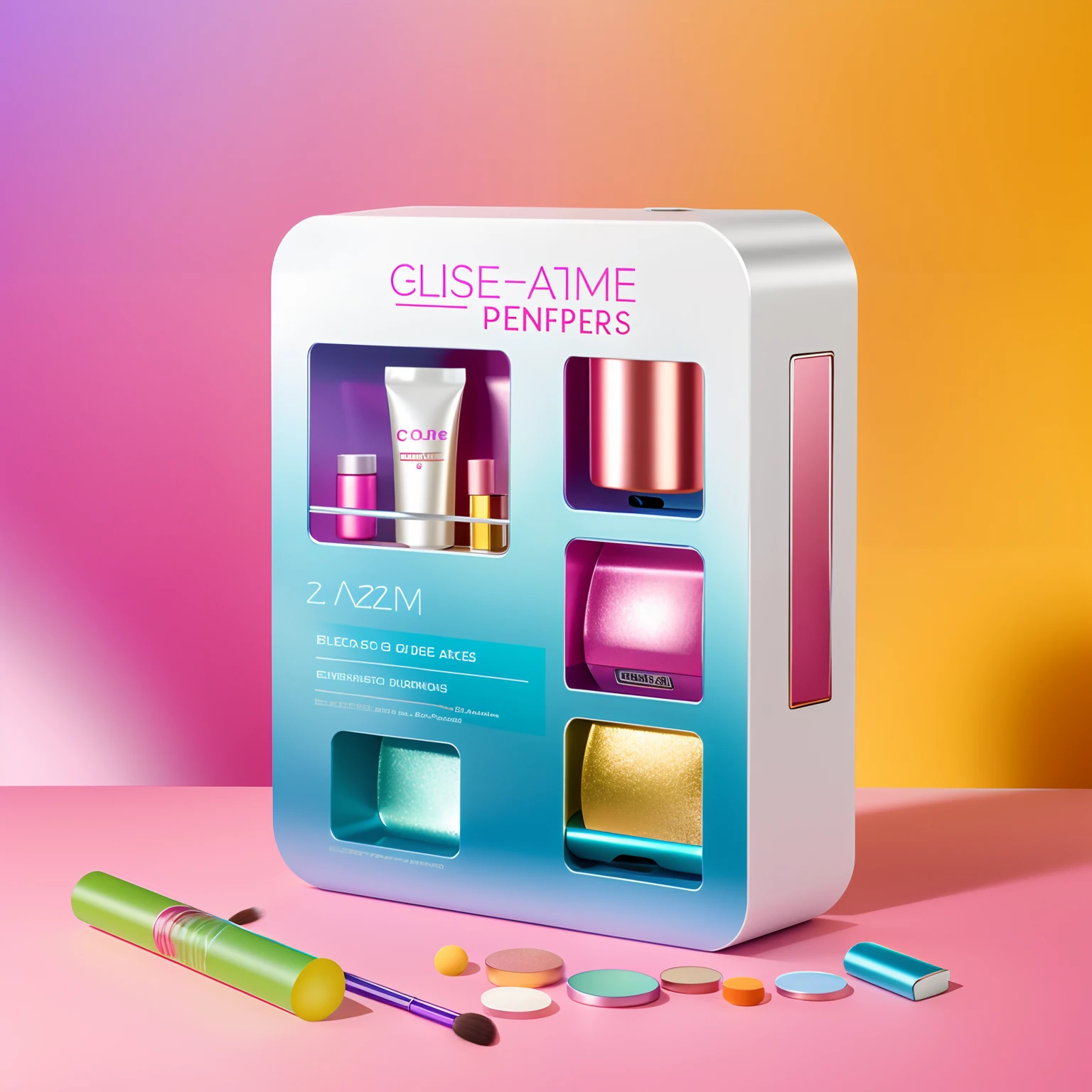 Close-up of makeup model with display，The body has elements of mask makeup，vending machines，sci-fi vending machine，3D product render，Some are more specific, Descriptive scenarios may appear on the computer，por exemplo, Someone went to the vending machine and bought a sample of Gu Yu's photosensitive water，Or describe the purchase of beauty samples，Some combinations of foil scene elements， Product rendering，Stylistic references attract attention，Bright，A representative element of sunshine fashion，There are reasonable ones on the fuselage, For example, Someone goes，Buy beauty samples, etc，The overall color is mainly white and blue，Color distribution is 50 each%,Go buy cosmetics，Skincare，People who shop and so on，Wish there were more elements，A little diversified，Fewer colors