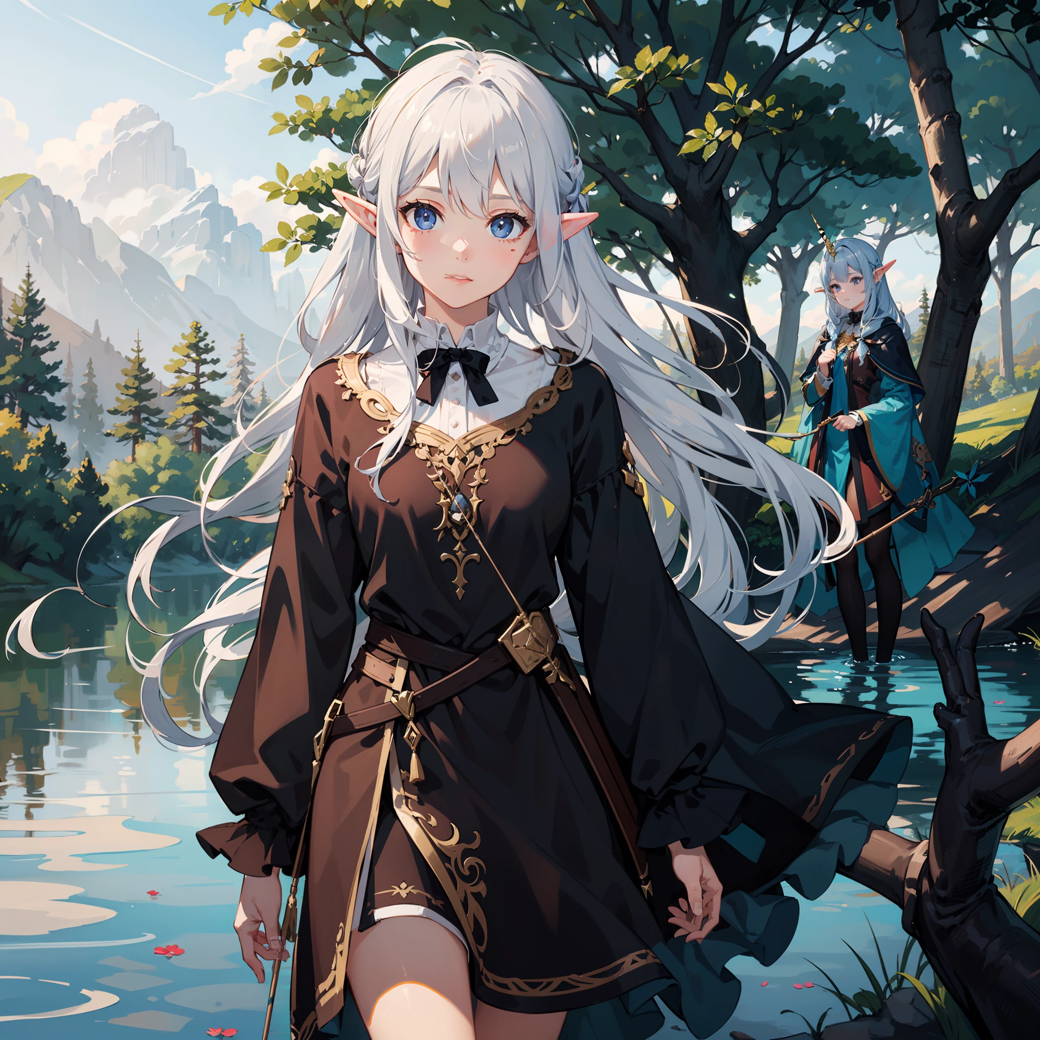 fallen wood,Elves with compound bows:1.5,Elf with a bow:1.5,arrow,high angle of view:1.8,hunter:1.2,One unicorn:1,3, One Girl and One Fairy:1.8,Undulating lakes,deep-forest,Blowing in the wind,Has depth,(4K), (Raw photo: 1.2), (Realism: 1.4), (masutepiece: 1.3), (exquisite detailing: 1.2), Delicate and beautiful details, (Eye Detail), (Facial Detailed), (Highest Quality) :1.4), (Hyper-Resolution: 1.2),(very detailed illustration), Best Quality, depth of fields, Wide light, natural shadows
