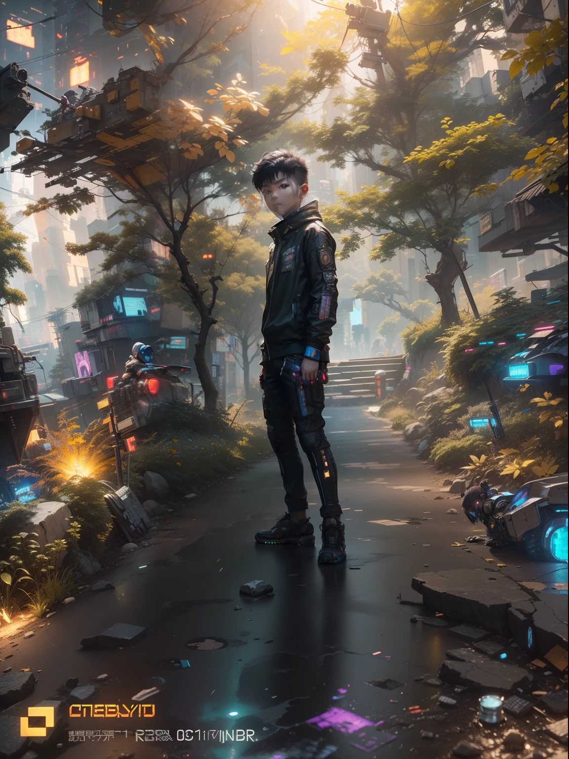 ((Best Quality)), ((Masterpiece)), (Highly Detailed:1.3), 3D, Little Boy, 16 years old, (cyberpunk:1.5), on the street, (holding_weapon:1.3), facing the audience, bright eyes, full body, glowing_eyes, mecha, panorama, f/1.4 lens, cyberpunk background, luminous sign, bokeh background, road, cars, cinematic lights, particles, Reality, HDR (High Dynamic Range), Ray Tracing, NVIDIA RTX, Super Resolution, Unreal 5, Subsurface Scattering, PBR Textures, Post-Processing, Anisotropic Filtering, Depth of Field, Maximum Clarity and Clarity, Multilayer Textures, Albedo and Specular Maps, Surface Shading, Accurate Simulation of Light-Material Interaction, Perfect Proportions, Octane Render, Two-Tone Lighting, Large Aperture, Low ISO, White Balance, Rule of Thirds, 8K RAW, Efficient Sub-Pixel, Sub-pixel Volume Product, (best quality), (Liu Yi Fei: 1.5)