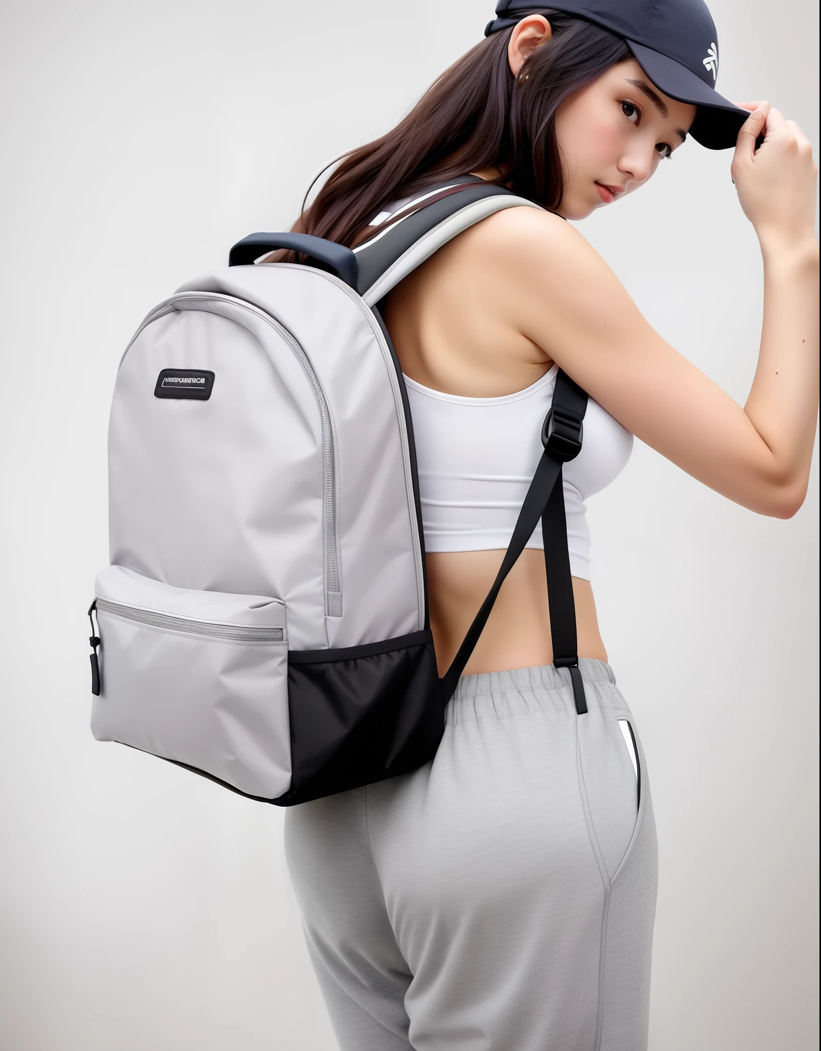 A beautiful woman in a white tank top and gray sweatpants with a backpack, mochila, com uma mochila, uma mochila, mochila escolar, mochila quadrada, uma mulher usando uma mochila, a mulher tem uma mochila, branco e cinza, rear facing, Arte Digital - W 640, Sacos, saco, mochila disco de controle remoto, Cinza claro, roupas esportivas fofas
