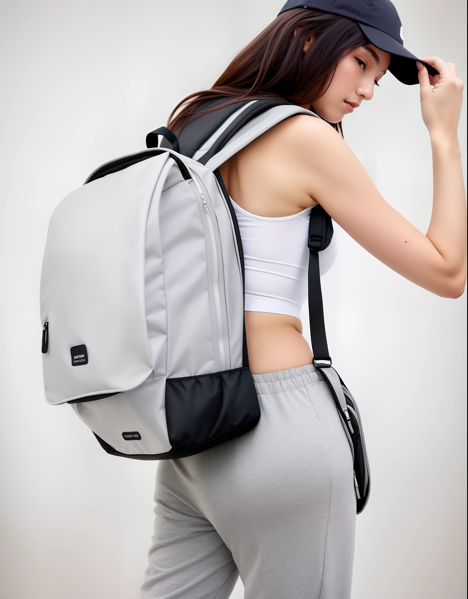 A woman with a backpack on her back is standing, com uma mochila, uma mulher usando uma mochila, mochila, uma mochila, a mulher tem uma mochila, saco, mochila escolar, Young lady, unique design, obra de arte, Sacos, 2020, 2 0 2 0, estilo esportivo proFissional, Female Appearance, female, F / 1, roupa esportiva.