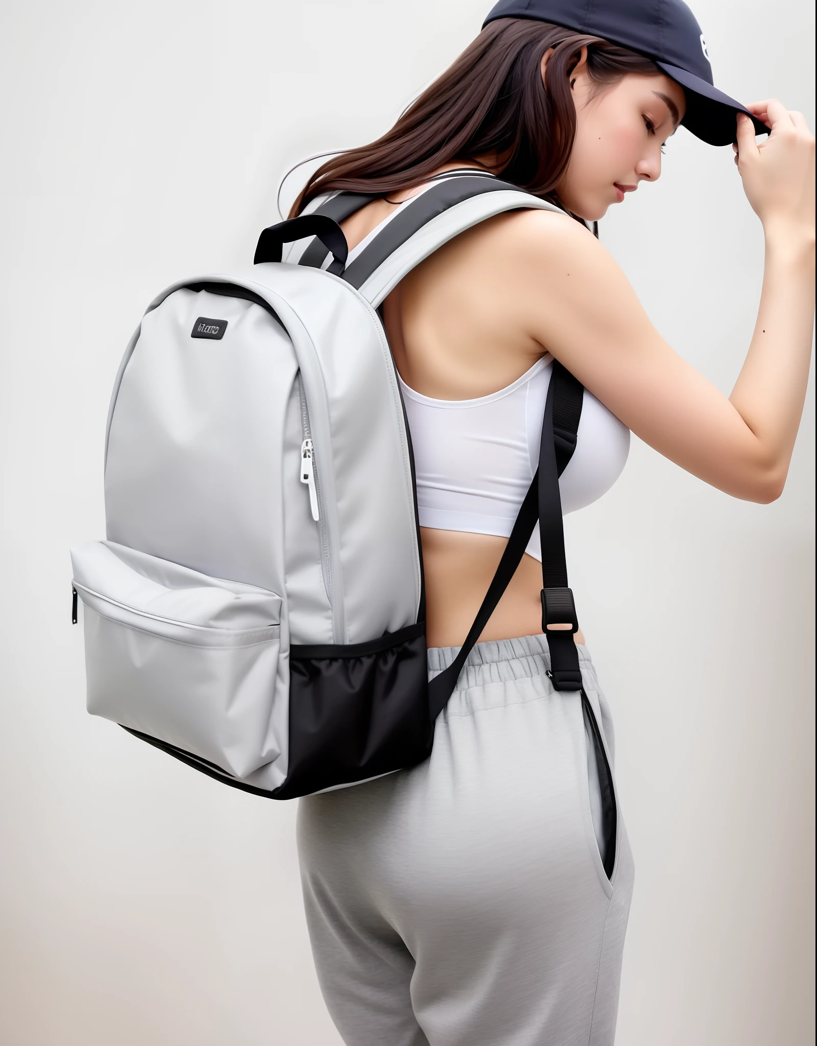 A beautiful woman in a white tank top and gray sweatpants with a backpack, mochila, com uma mochila, uma mochila, mochila escolar, mochila quadrada, uma mulher usando uma mochila, a mulher tem uma mochila, branco e cinza, rear facing, Arte Digital - W 640, Sacos, saco, mochila disco de controle remoto, Cinza claro, roupas esportivas fofas