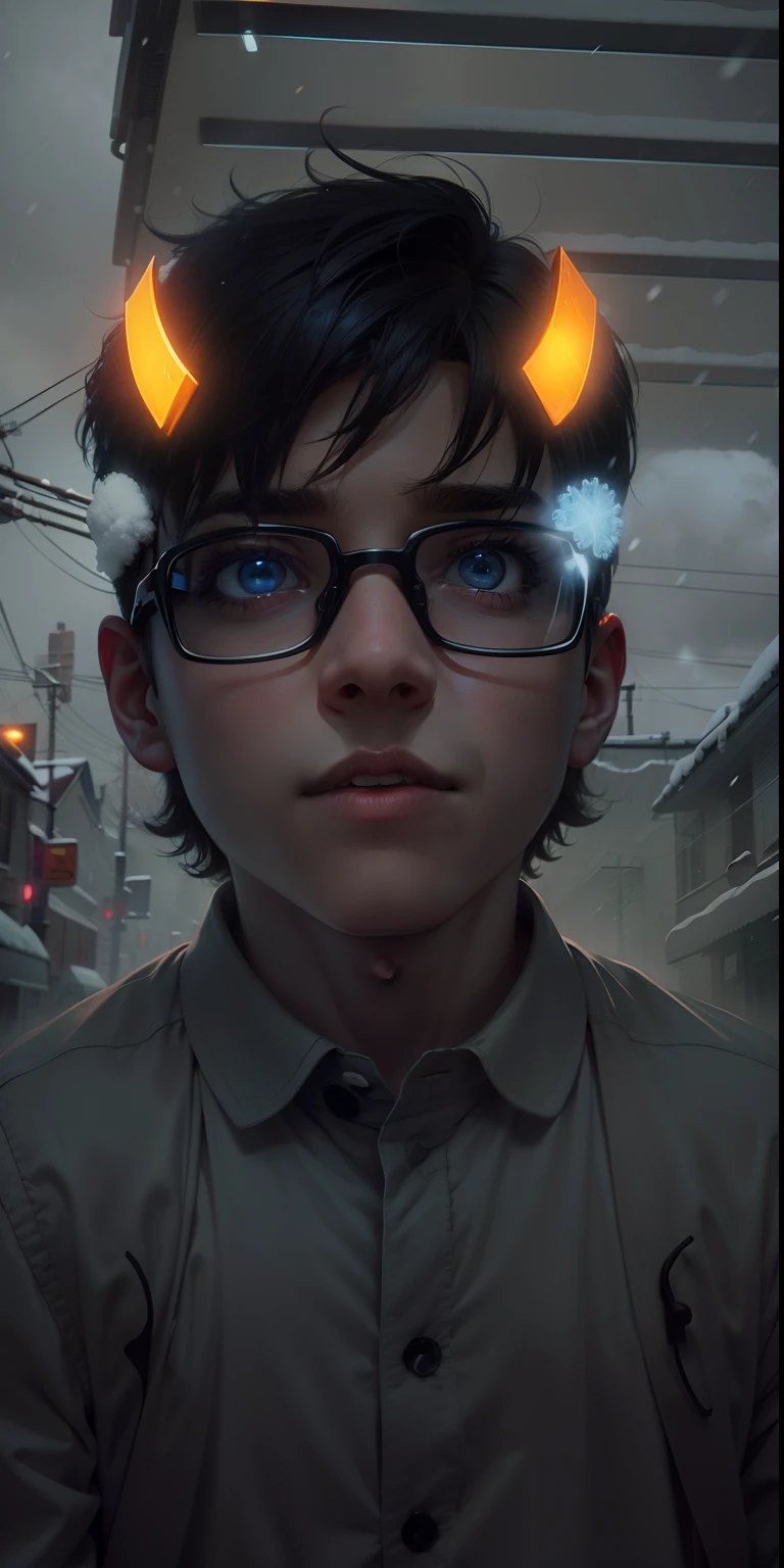 snow apocalypse portrait of a super cute boy , boy with glasses , dark light , neon sign , haunting atmosphere , digital art , intricate , 8k resolution , super high quality ,
