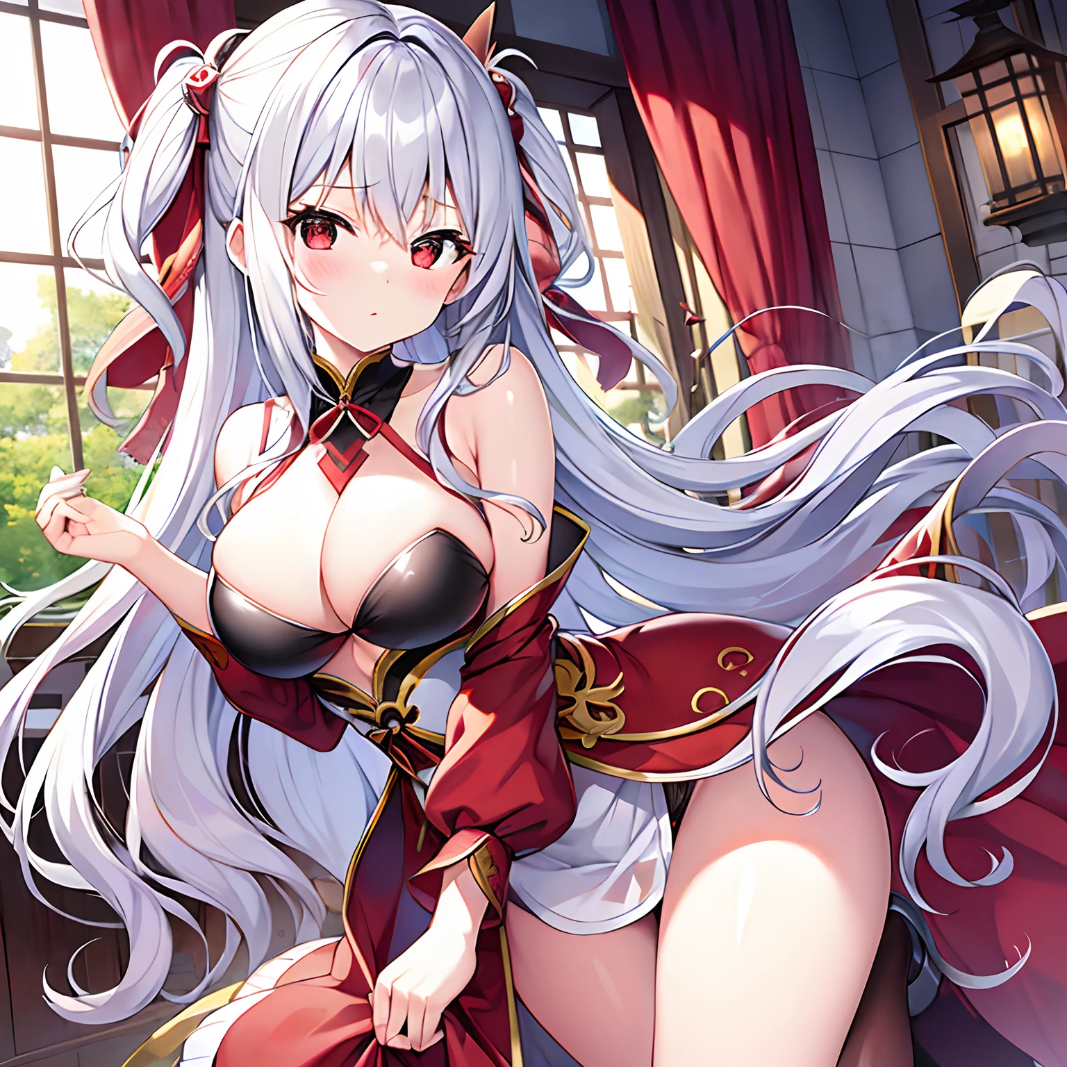wavy silver hair、red eyes、Beautiful girl alone、独奏、animesque、ninjartist、Castles