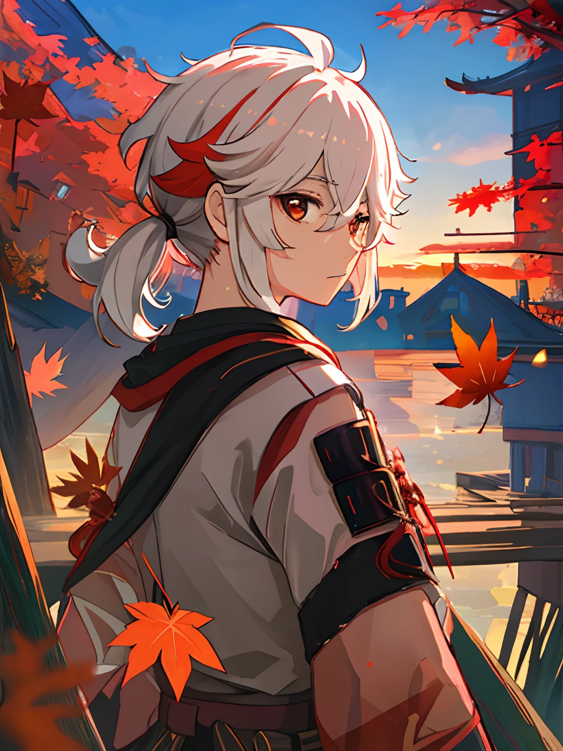 Sunset, maple leaves falling, white hair, a strand of red hair, Japanese samurai costume, Shinkai Makoto style sky, looking back, rich colors, large aperture portrait, strong light and shadow, cinematic, golden section