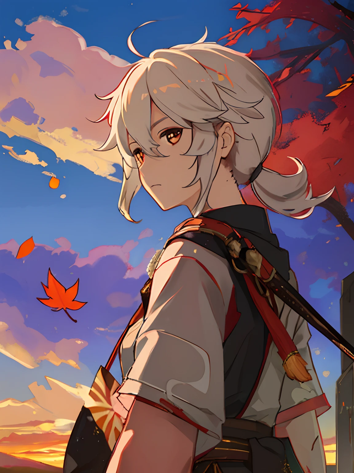 Sunset, maple leaves falling, white hair, a strand of red hair, Japanese samurai costume, Shinkai Makoto style sky, looking back, rich colors, large aperture portrait, strong light and shadow, cinematic, golden section