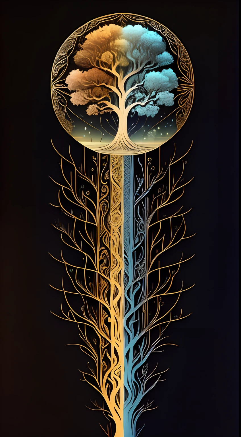 There is a tree,The trunk is long,The trunk is long,The trunk is long,There is a tree inside, Cosmic Tree of Life, simple tree fractal, tree of life inside the ball, cosmic tree, enlightening. Intricate, Tree of Life, inspired by Petros Afshar, coherent symmetrical artwork, A beautiful artwork illustration, Symmetrical digital illustration, The Tree of Life --auto