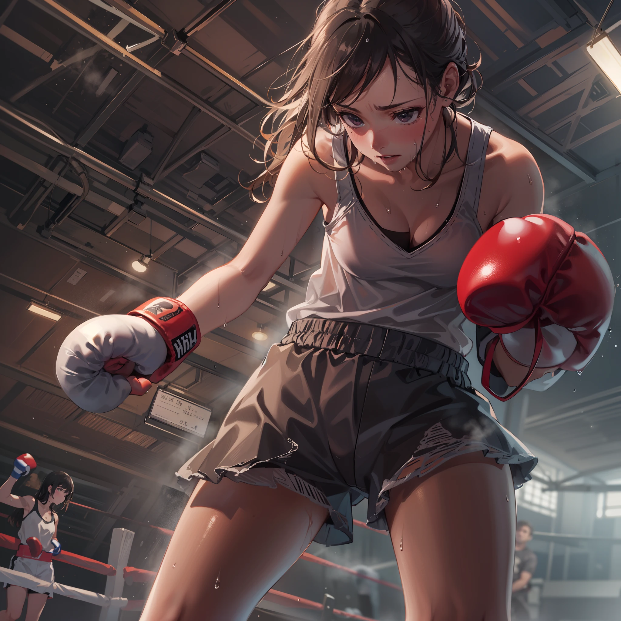 1lady solo standing, (sparring with sandbag), (dynamic posing), (stylish boxing outfit), (T-shirt) (sporty shorts), mature female, /(dark brown hair/) bangs (messy hair), (light smile:0.8), open mouth, (teeth:0.8), (masterpiece best quality:1.2) delicate illustration ultra-detailed, large breasts BREAK (wearing glove), (motion blur:1.2), (blurred glove:1.2) BREAK (boxing gym) indoors, (sandbag hanging from ceiling), noon, detailed background