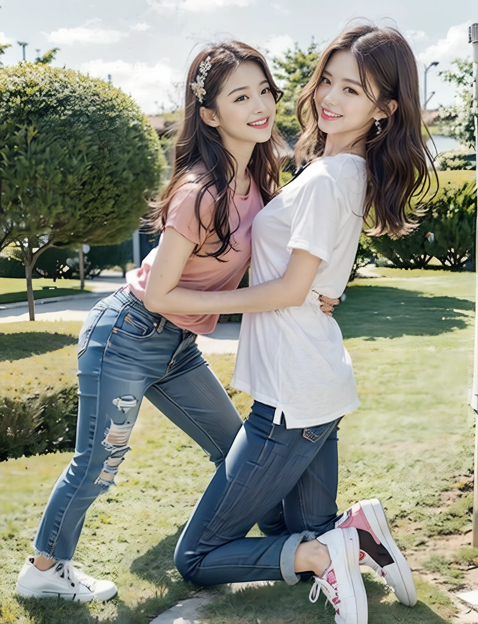 (RAW photogr,超高分辨率,tmasterpiece,best qualtiy:1.4),Complicated details,2 20 year old Korean girl,Wear a loose black T-shirt and stylish jeans,Super realistic detailed costumes:1.3,Stand on the grass and take pictures,hugs,Intimate relationships,Detailed meadow,A sweet smile on a small face,The face and skin are pink and fair,Ultra-realistic facial details,Beautiful ribbon hair accessories,Playful and coquettish pose,The calves are straight and slender:1.5,Wear high-end branded colorful travel shoes:1.5,eventide,warm color,Broad lighting,naturalshadow,Shoot from the back,Beautiful waist and hips,taking a full body photo:1.8
