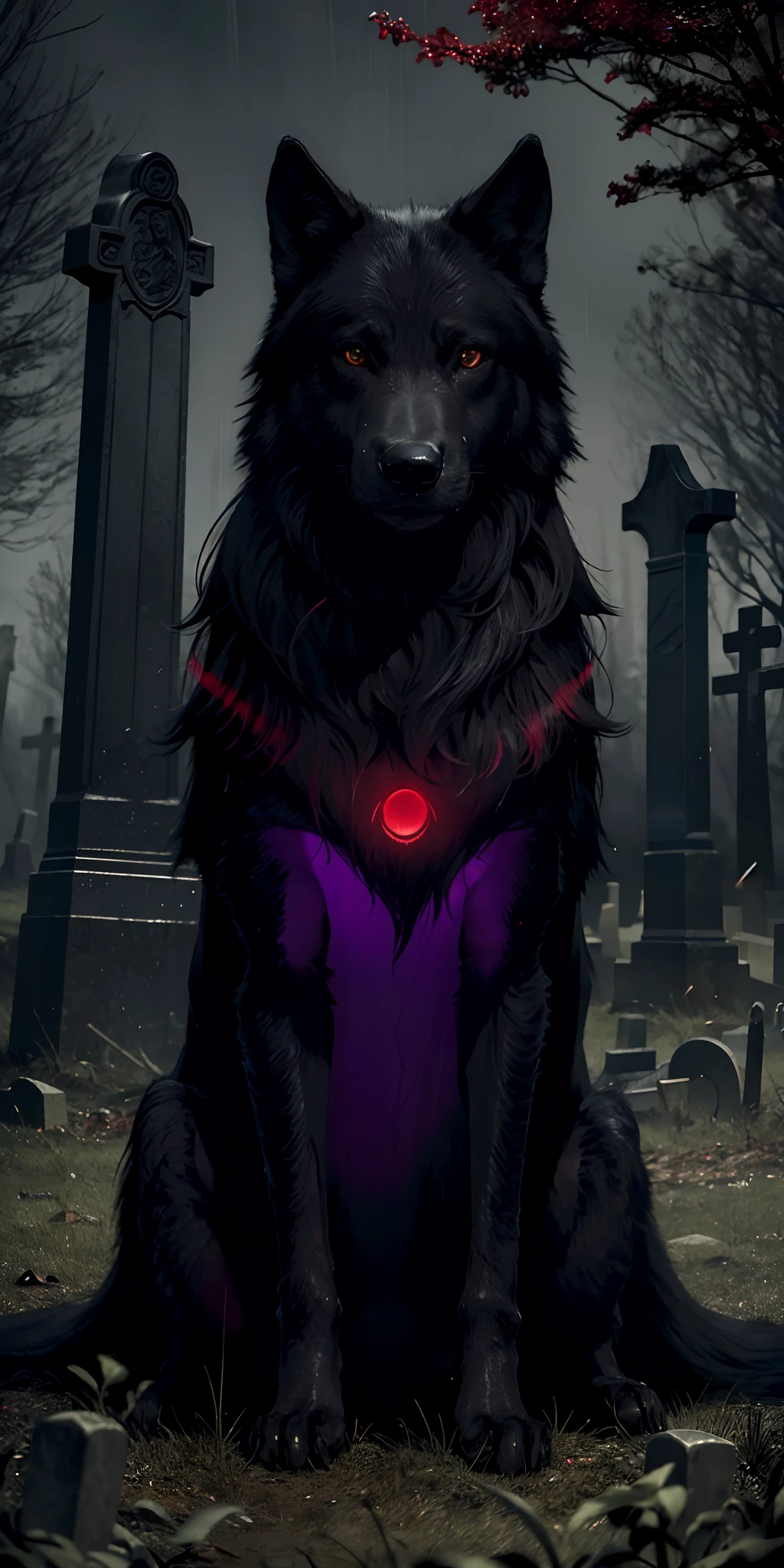 "photorealistic, high quality, masterpiece: a haunting rainy graveyard scene with a dark theme, featuring a majestic big black wolf with hints of red and highlights of purple, captivating bright red glowing eyes."