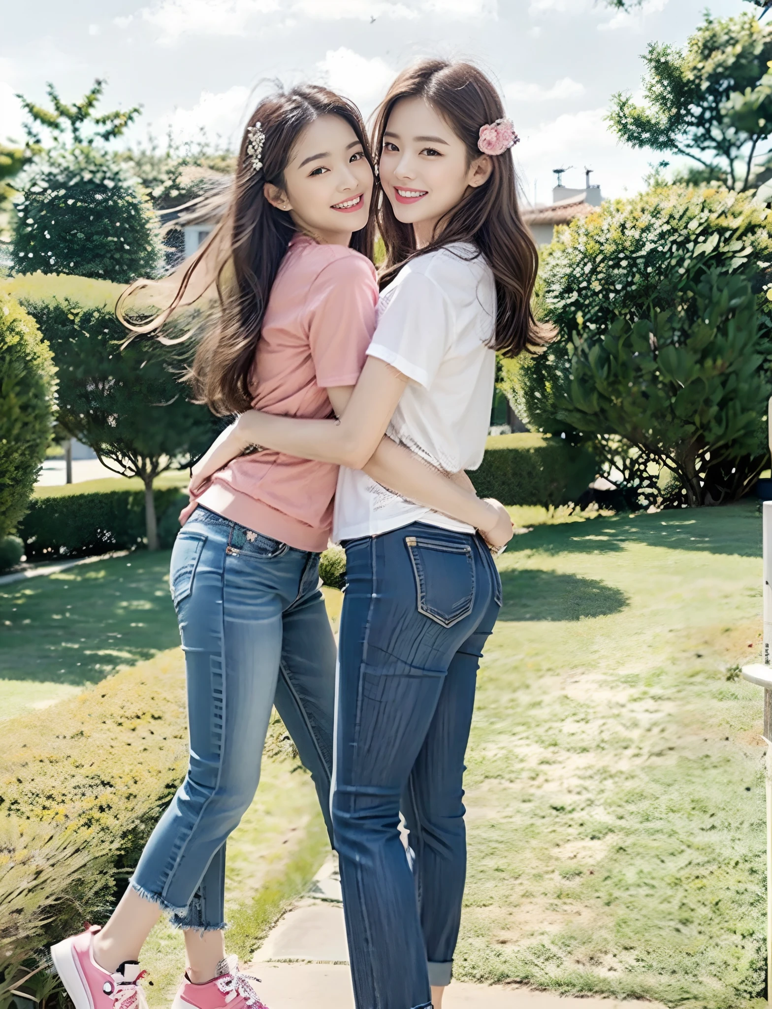 (RAW photogr,超高分辨率,tmasterpiece,best qualtiy:1.4),Complicated details,2 20 year old Korean girl,Wear a loose black T-shirt and stylish jeans,Stand on the grass and take pictures,hugs,Intimate relationships,Detailed meadow,A sweet smile on a small face,The face and skin are pink and fair,Ultra-realistic facial details,Beautiful ribbons and hair accessories,Playful and coquettish pose,The calves are straight and slender:1.5,Wear high-end branded colorful travel shoes:1.5,eventide,warm color,Broad lighting,naturalshadow,Shoot from the back,Beautiful waist and hips,taking a full body photo:1.8