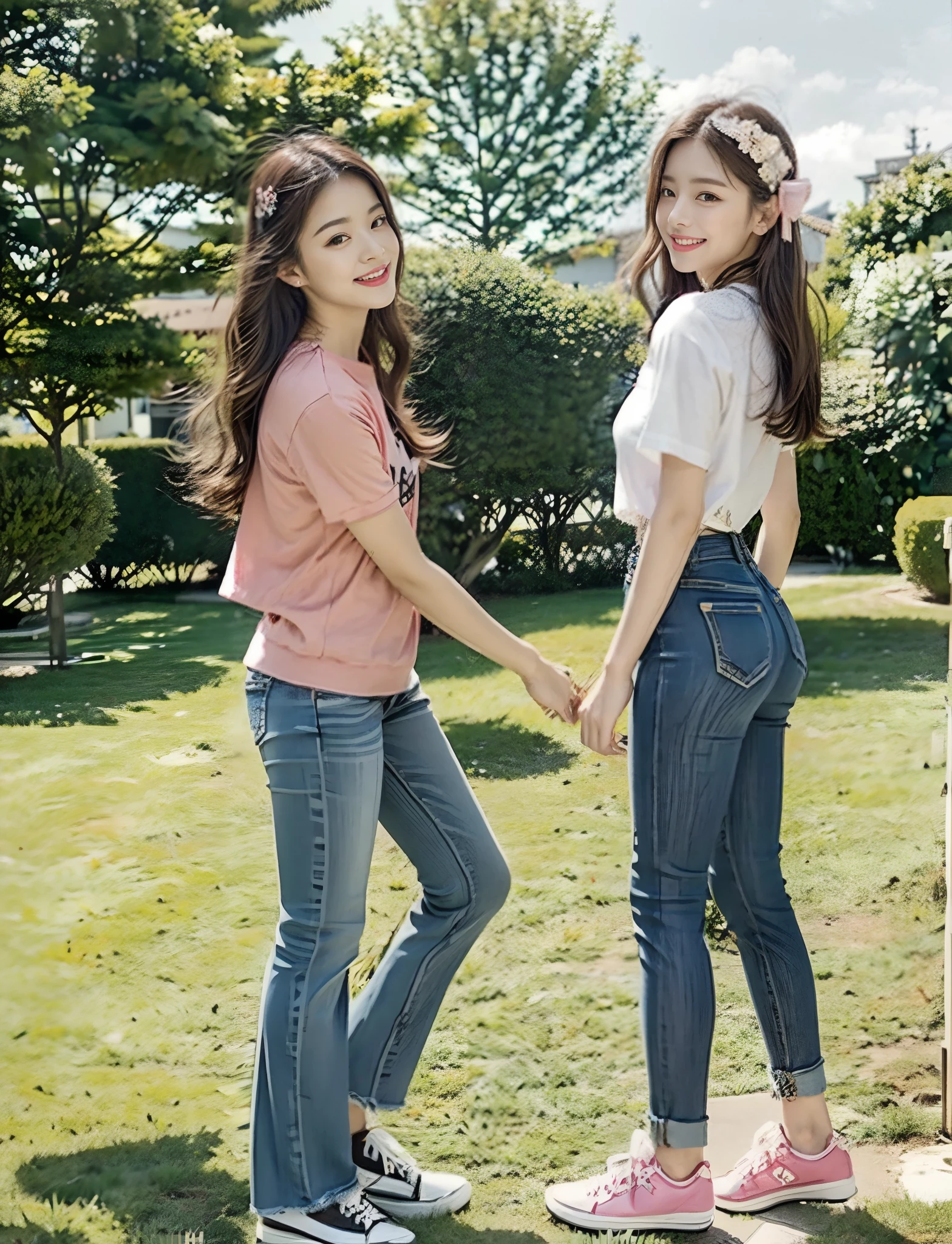 （RAW photogr，超高分辨率，tmasterpiece，best qualtiy：1.4），Complicated details，2 20 year old Korean girl，Wear a stylish t-shirt and stylish micro-flared jeans，Stand on the grass and take pictures，hugs，Intimate relationships，detailed outfits，Detailed meadow，A sweet and healing smile appeared on the little face，The face and skin are pink and fair，Ultra-realistic facial details，Beautiful ribbon hair accessories，Playful and coquettish pose，The calves are straight and slender:1.5，Wear high-end branded colorful travel shoes:1.5，eventide，warm color，Broad lighting，naturalshadow，taken from behind，Beautiful waist and hips，taking a full body photo:1.8