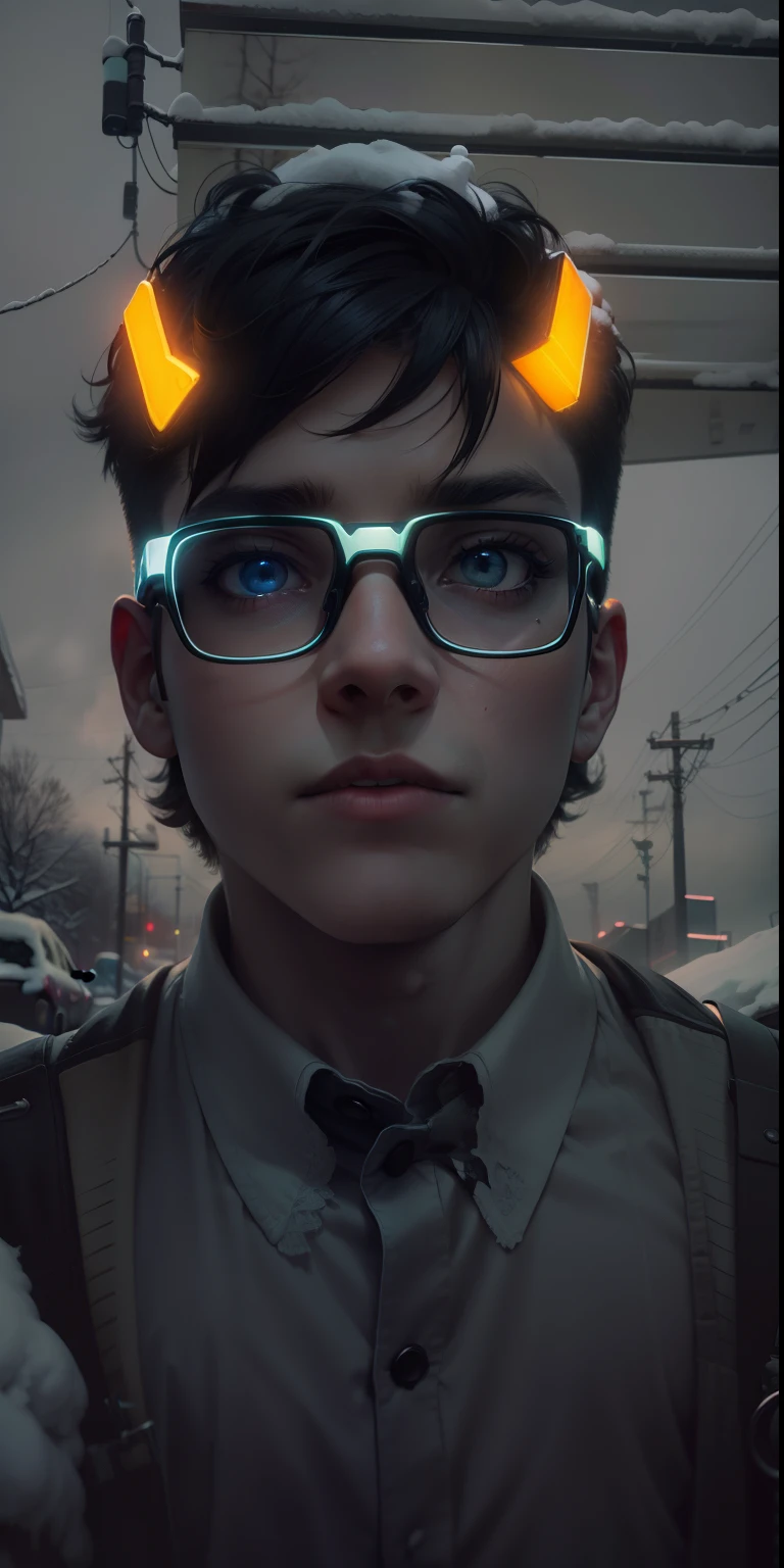 snow apocalypse portrait of a super cute boy , boy with glasses , dark light , neon sign , haunting atmosphere , digital art , intricate , 8k resolution , super high quality ,