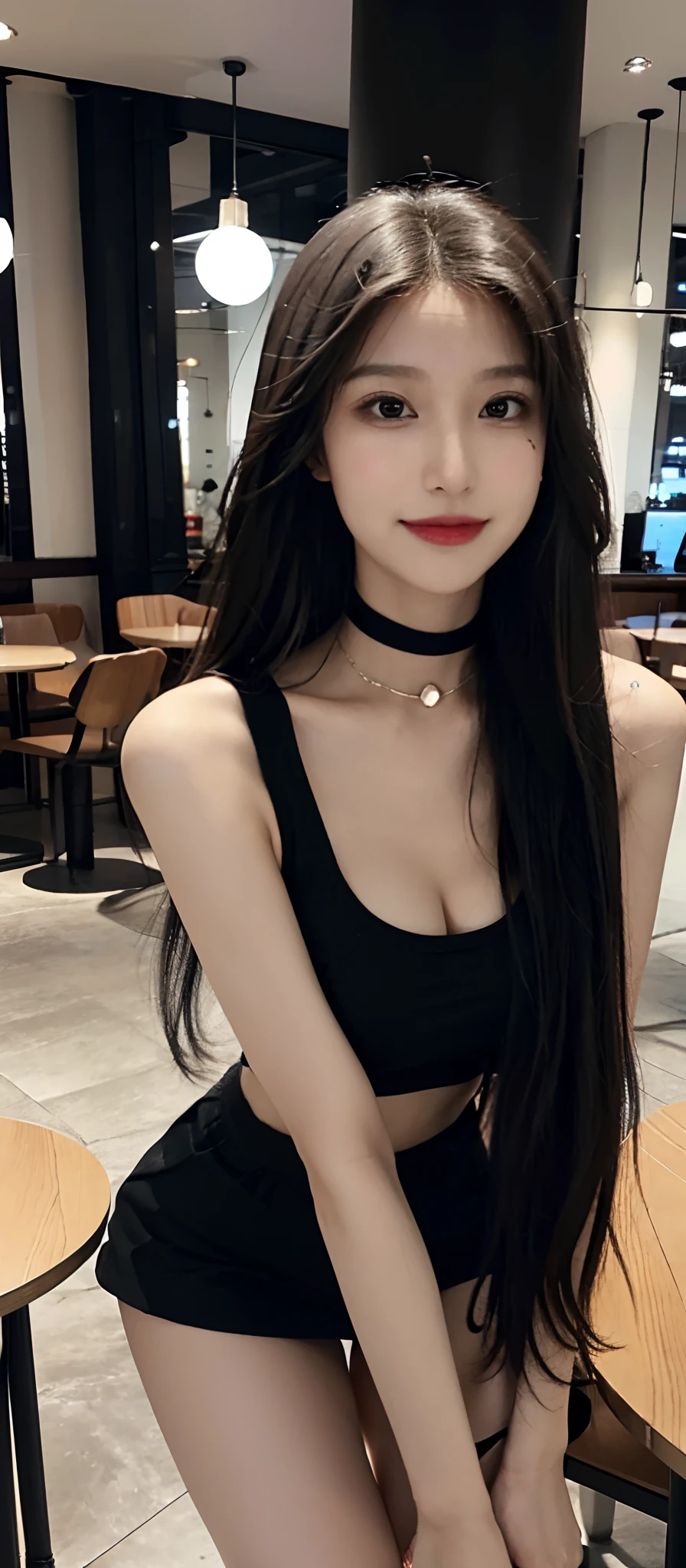 (realistic, high resolution:1.3), (face close up), 1 girl with perfect figure, super fine face and eyes, black hair, long hair, tank top: 1.2 in random colors, short skirt, in a café, coffee on the table, big breasts, cleavage, choker, smile