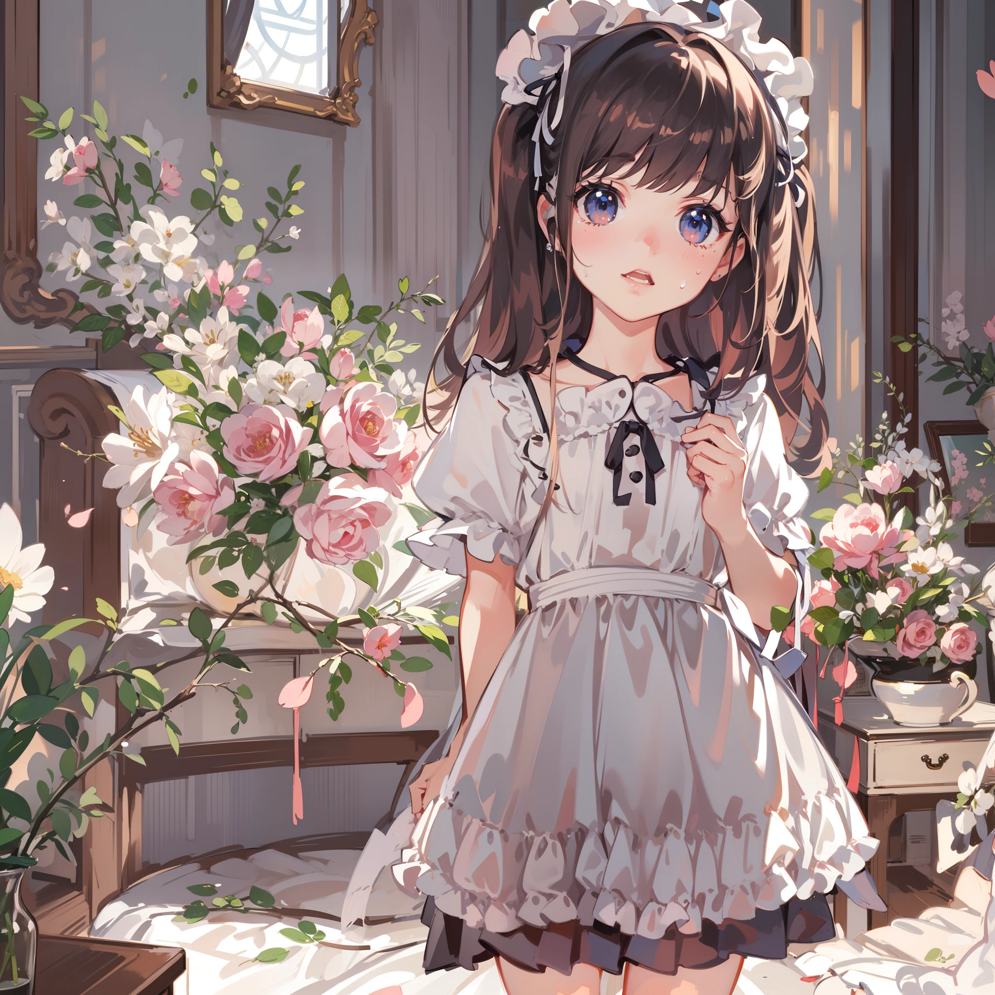 very cute female :1.1,10 yo,Gothic Lolita:1.8, Barefoot,livingroom:1.5,Summer,day, Long hair,flat chest,Wind,Drooping sweat:1.1,(4K), (Raw photo: 1.2), (Realism: 1.4), (masutepiece: 1.3), (exquisite detailing: 1.2), Delicate and beautiful details, (Eye Detail), (Facial Detailed), (Highest Quality) :1.4), (Hyper-Resolution: 1.2),(very detailed illustration), Best Quality,depth of fields, Wide light, natural shadows