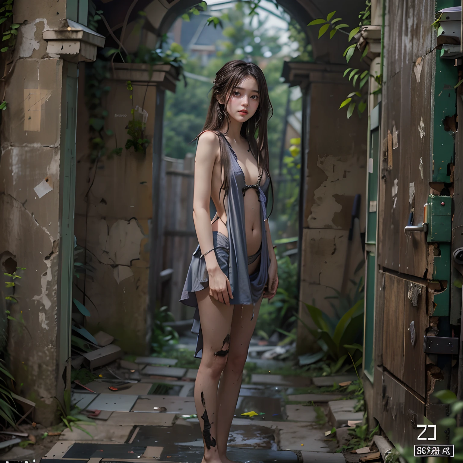 Abandoned ruins sexy standing pose,full-body portraits(1:1),18 years old girls,Slender and slender figure,Skinny,As thin as a whipping post,Smaller bust,The barefoot,Random nudity all over the body,exhibitionists,Random exposure of genitals,face to the viewer