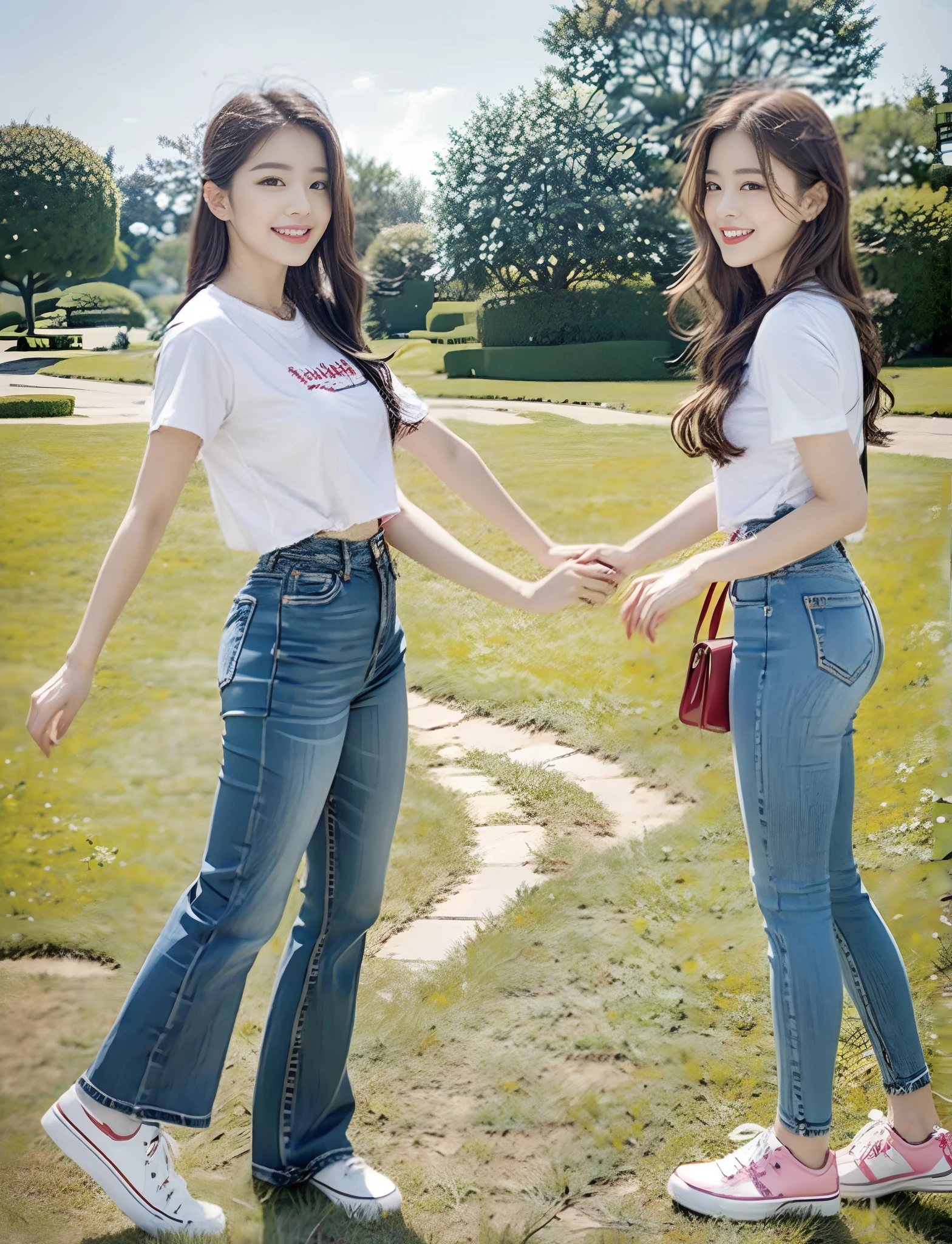 (RAW photogr,超高分辨率,tmasterpiece,best qualtiy:1.4),Complicated details,2 20 year old Korean girl,Wear a stylish t-shirt and stylish micro-flared jeans,Stand on the grass and take pictures,hugs,Intimate relationships,detailed outfits,Detailed meadow,A sweet and healing smile appeared on the little face,The face and skin are pink and fair,Ultra-realistic facial details,Beautiful ribbon hair accessories,Playful and coquettish pose,The calves are straight and slender:1.5,Wear high-end branded colorful travel shoes:1.5,eventide,warm color,Broad lighting,naturalshadow,taken from behind,Beautiful waist and hips,taking a full body photo:1.8
