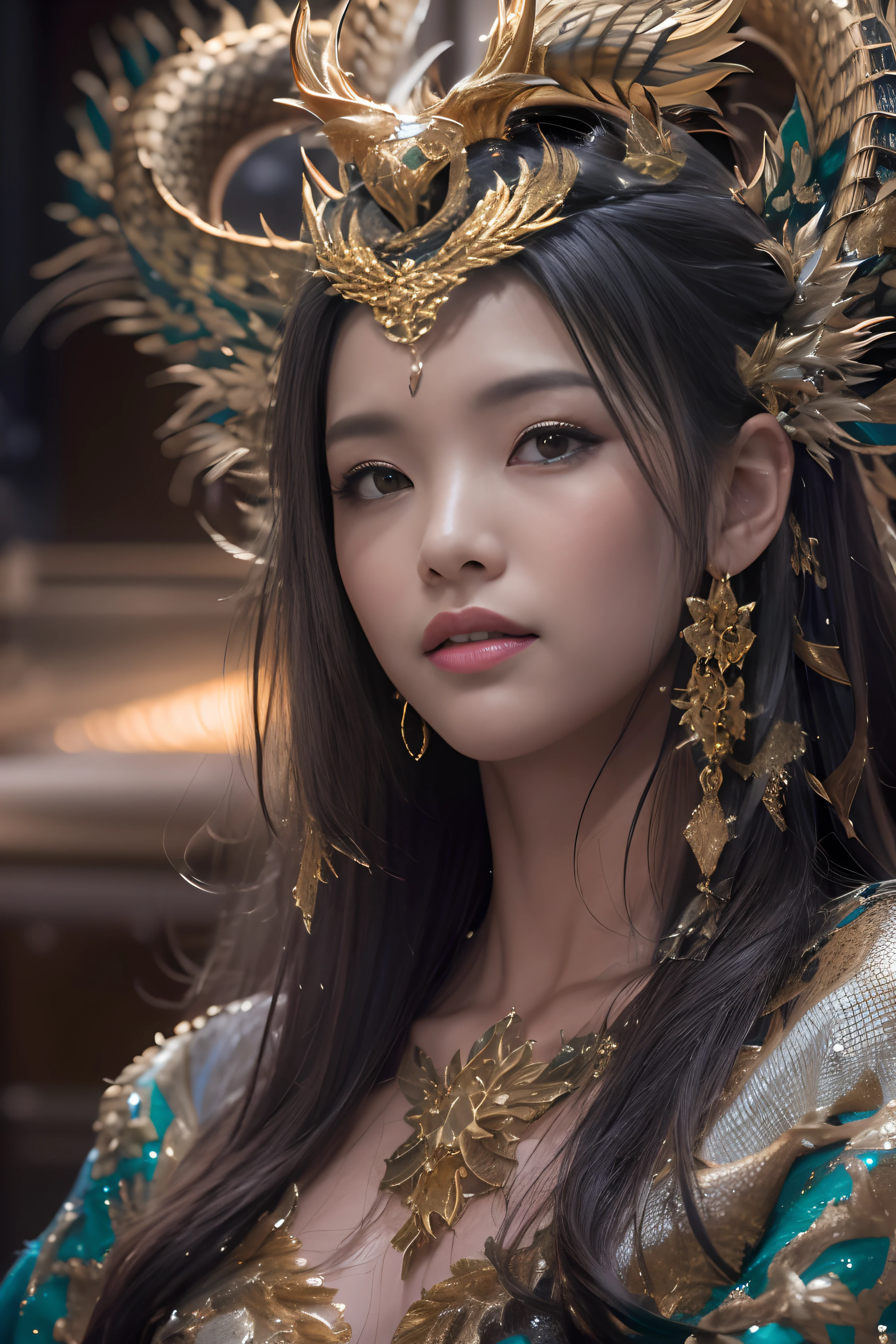 16k（tmasterpiece，k hd，hyper HD，16k）short detailed hair，Vintage train sleeper area，Girl with super long flowing hair ，Two Golden Dragon Protectors （realisticlying：1.4），Python robe，Purple-pink tiara，Snowflakes fluttering，The background is pure， A high resolution， the detail， RAW photogr， Sharp Re， Nikon D850 Film Stock Photo by Jefferies Lee 4 Kodak Portra 400 Camera F1.6 shots, Rich colors, ultra-realistic vivid textures, Dramatic lighting, Unreal Engine Art Station Trend, cinestir 800，