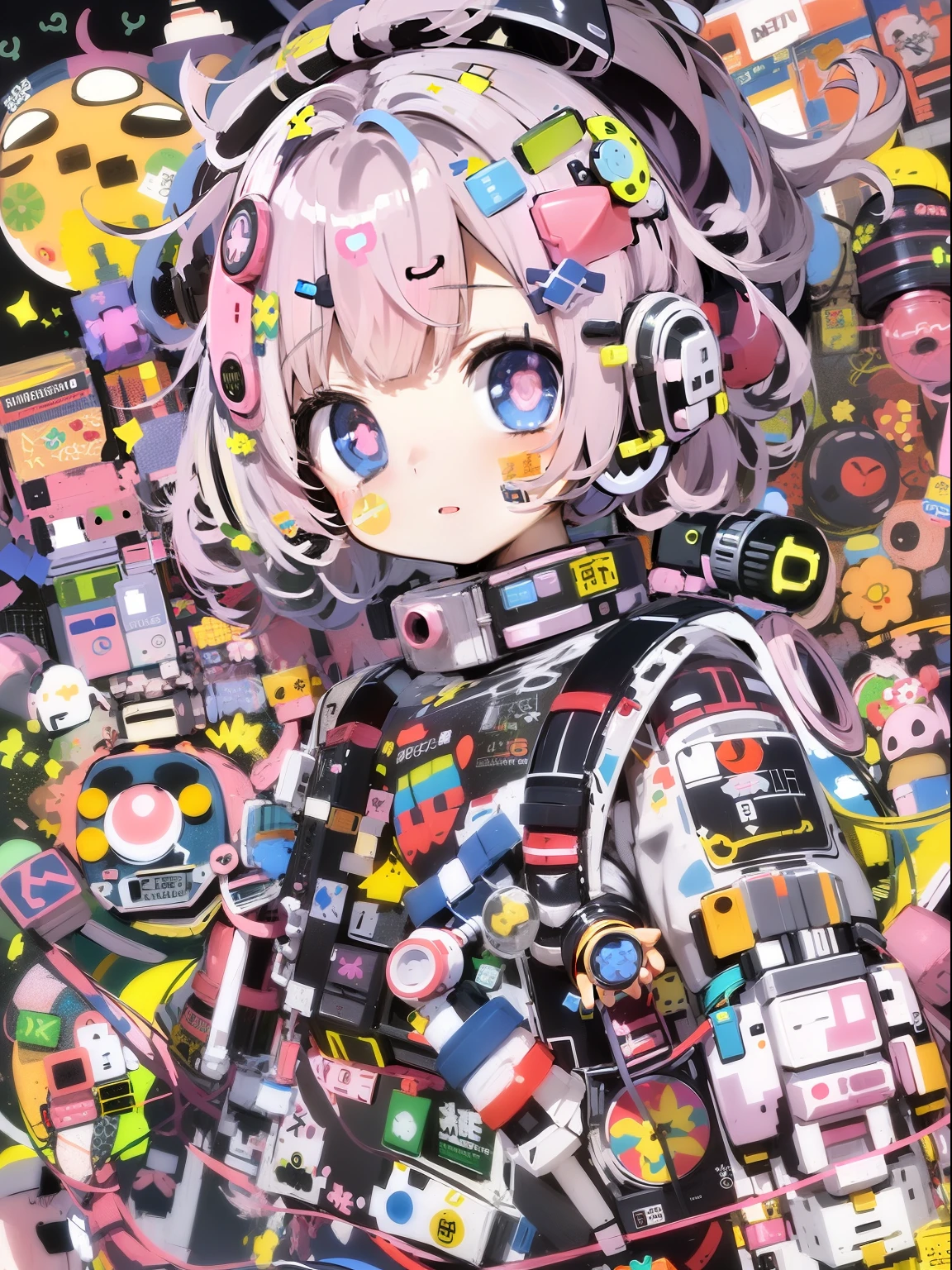 Anime girl with a lot of stickers on her head, decora inspired illustrations, best anime 4k konachan wallpaper, anime robotic mixed with organic, fully robotic!! girl, Anime Manga Robot!! Anime Girl, portrait anime space cadet girl, dreamy psychedelic anime, Anime Mecha Aesthetics, Robot Girl, splash art anime ****, decora inspired, hyper colorful