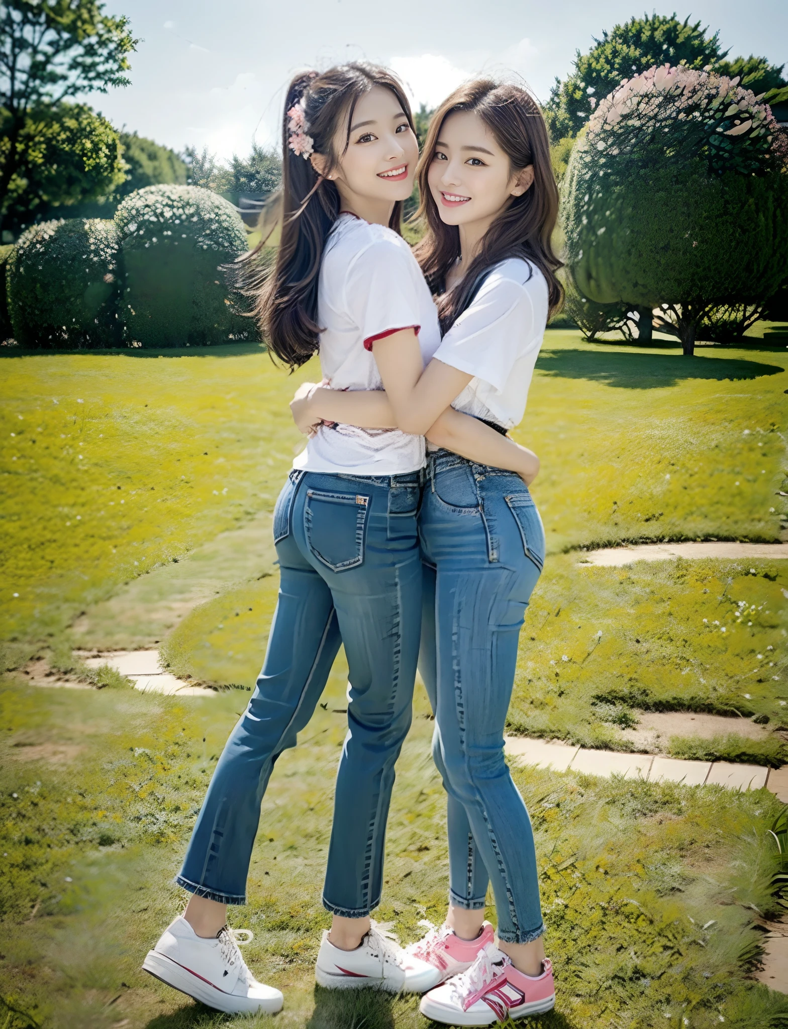 （超高分辨率，RAW photogr，realisticlying，tmasterpiece，best qualtiy：1.4），Complicated details，3个女孩，3 20 year old Korean girl，Wear a loose black T-shirt and skinny jeans，Stand on the grass and take pictures，hugs，Intimate relationships，Detailed meadow，A sweet smile on a small face，Ultra-realistic facial details，The face and skin are pink and white, and luminous，Playful and coquettish pose，The calves are straight and slender:1.2，Wear high-end brand sneakers:1.0，eventide：0.3，Broad lighting，naturalshadow：1.0，超高分辨率，taking a full body photo:1.8 --auto