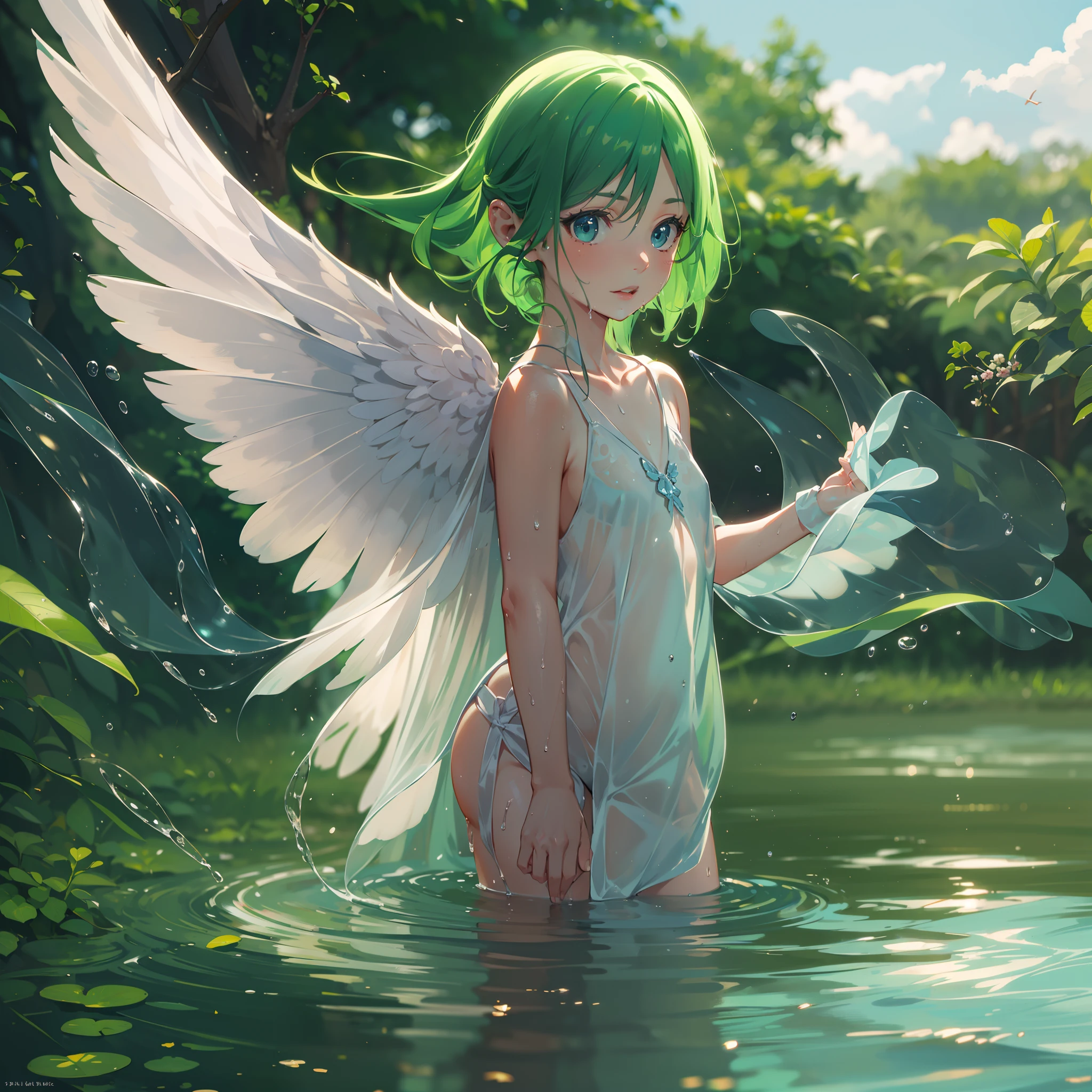 Angel with wings on his back:1.8,very cute female :1.8,8 yo,1 bird,miku hatsune:1.5,Wet and see-through clothes:1.5,Playing by the river,Barefoot,Sweat, Summer,day,Flat-breasted,(4K), (Raw photo: 1.2), (Realism: 1.4), (masutepiece: 1.3), (exquisite detailing: 1.2), Delicate and beautiful details, (Eye Detail), (Facial Detailed), (Highest Quality) :1.4), (Hyper-Resolution: 1.2),  (very detailed illustration), Best Quality,depth of fields, Wide light, natural shadows