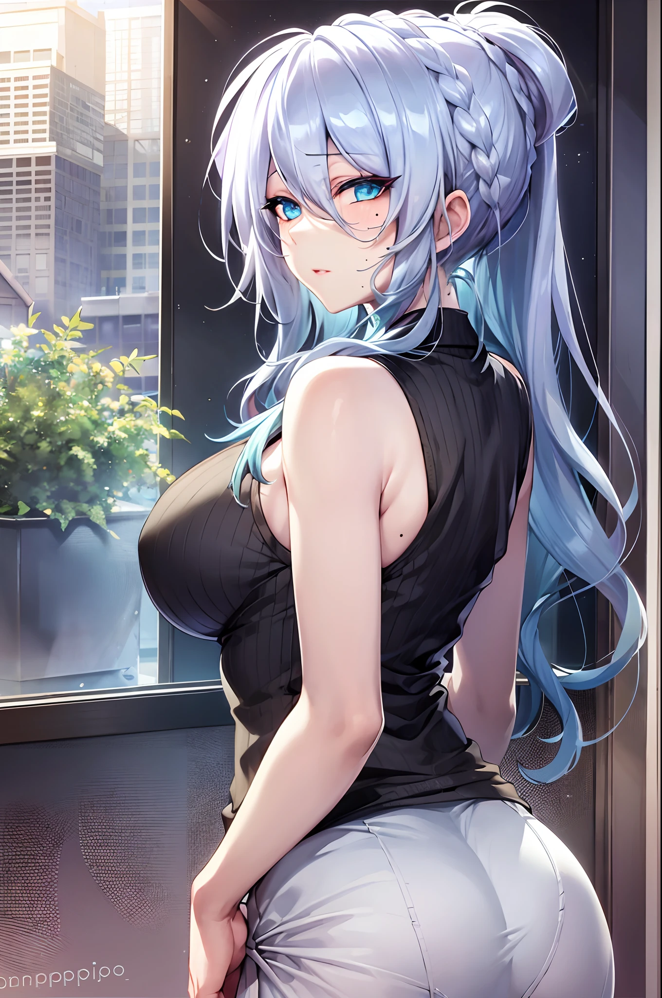 masterpiece, ultra-detailed hair, better lights, better shadows,1girl, yukino, breasts, skirt, silver hair, solo, long hair, large breasts, blue eyes, braid, ass, looking at viewer, braided ponytail, hair ornament, sleeveless, hair flower, white skirt, shirt, indoors, flower, looking back, bangs, bare shoulders, pantyhose, from behind, window, thighs, mole under eye, sleeveless shirt, black shirt, blush, bare arms, office lady, very long hair, plant, contemporary, parted lips, miniskirt, single braid, closed mouth, blue flower, pantylines, ribbed shirt,