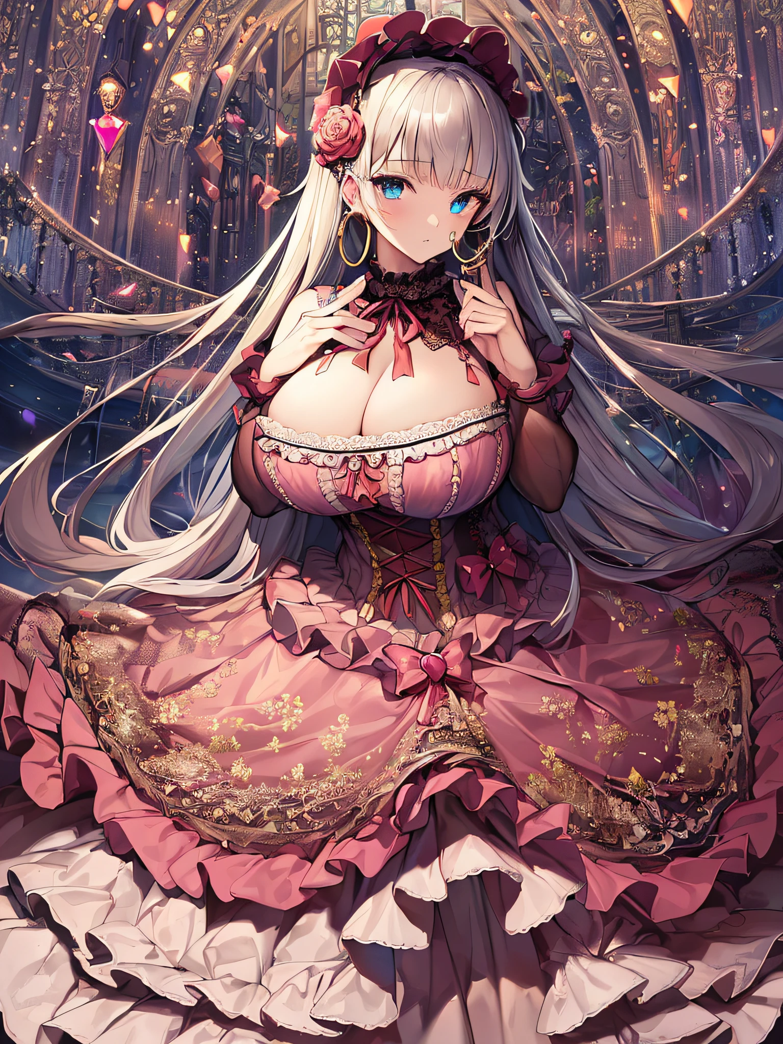 ((anime artstyle)),(Masterpiece),(Best Quality), (Super Detail),((Very Delicate and Beautiful)),(((Solo))),((full body)),(((1 princess in sweet ta dress with voluminous full length hoop skirt))),((standing in proscenium theater)),Long train,(bling-bling gorgeous gemstone jewelry),detailed face and eyes,jewel-like eyes,((large amount of straight hair,extremely voluminous Very Long Straight Hair)),(((gorgeousfull embroidery and lace))),((gigantic tits,Long tits)),cleavage,gorgeous corsage,See-through,((extremely gorgeousfull loliair ornament)),bling-bling extremely gorgeousfull jeweled tiara,ornate ruffles,beautiful embroidery,(hoop skirt,crinoline),flowers, flower petals flowing,((Dynamic Angle)),Looking at viewer,((full body)),(((sweet lolita d with voluminous full length hoop skirt)))