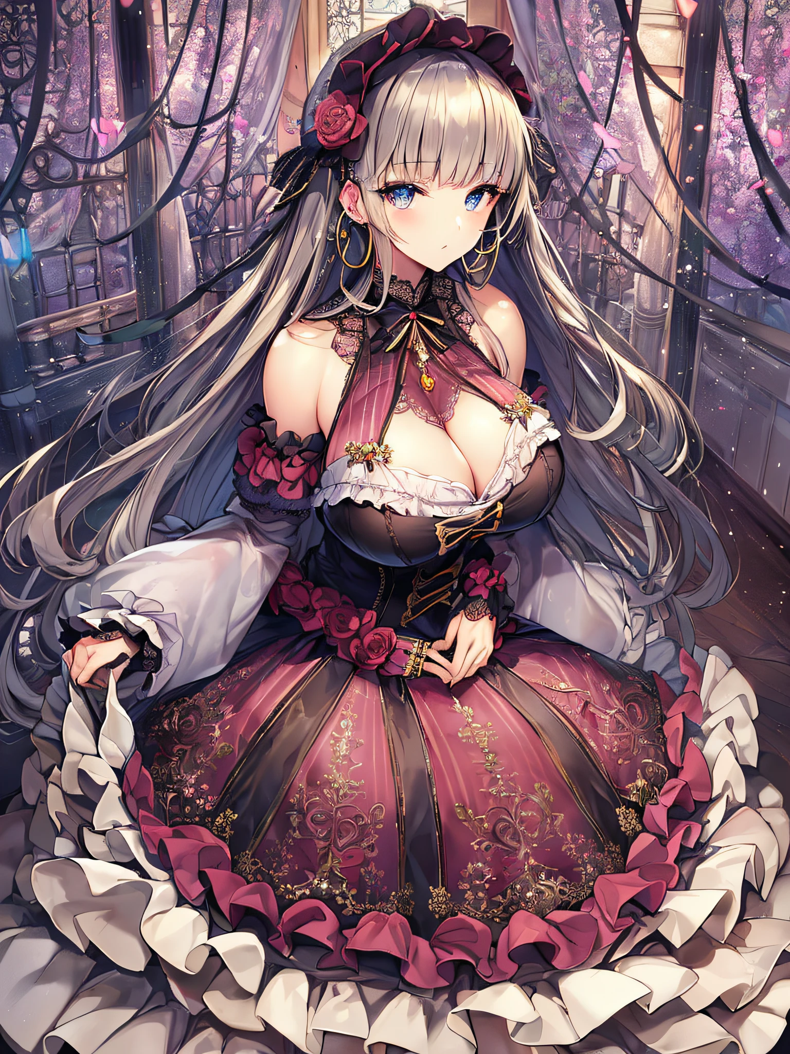 ((anime artstyle)),(Masterpiece),(Best Quality), (Super Detail),((Very Delicate and Beautiful)),(((Solo))),((full body)),(((1 princess in sweet ta dress with voluminous full length hoop skirt))),((standing in proscenium theater)),Long train,(bling-bling gorgeous gemstone jewelry),detailed face and eyes,jewel-like eyes,((large amount of straight hair,extremely voluminous Very Long Straight Hair)),(((gorgeousfull embroidery and lace))),((gigantic tits,Long tits)),cleavage,gorgeous corsage,See-through,((extremely gorgeousfull loliair ornament)),bling-bling extremely gorgeousfull jeweled tiara,ornate ruffles,beautiful embroidery,(hoop skirt,crinoline),flowers, flower petals flowing,((Dynamic Angle)),Looking at viewer,((full body)),(((sweet lolita d with voluminous full length hoop skirt)))