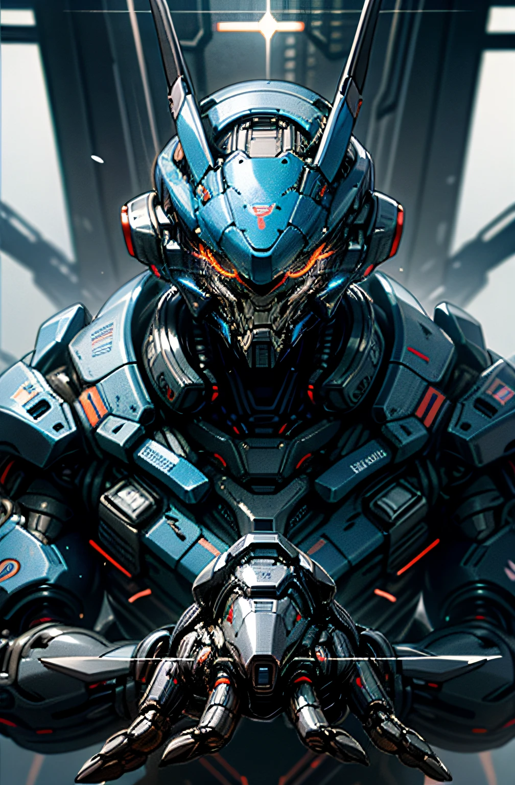 Dark_Fantasy,Cyberpunk,(Blue:1.1),1man,Mechanical marvel,Robotic presence,Cybernetic guardian,