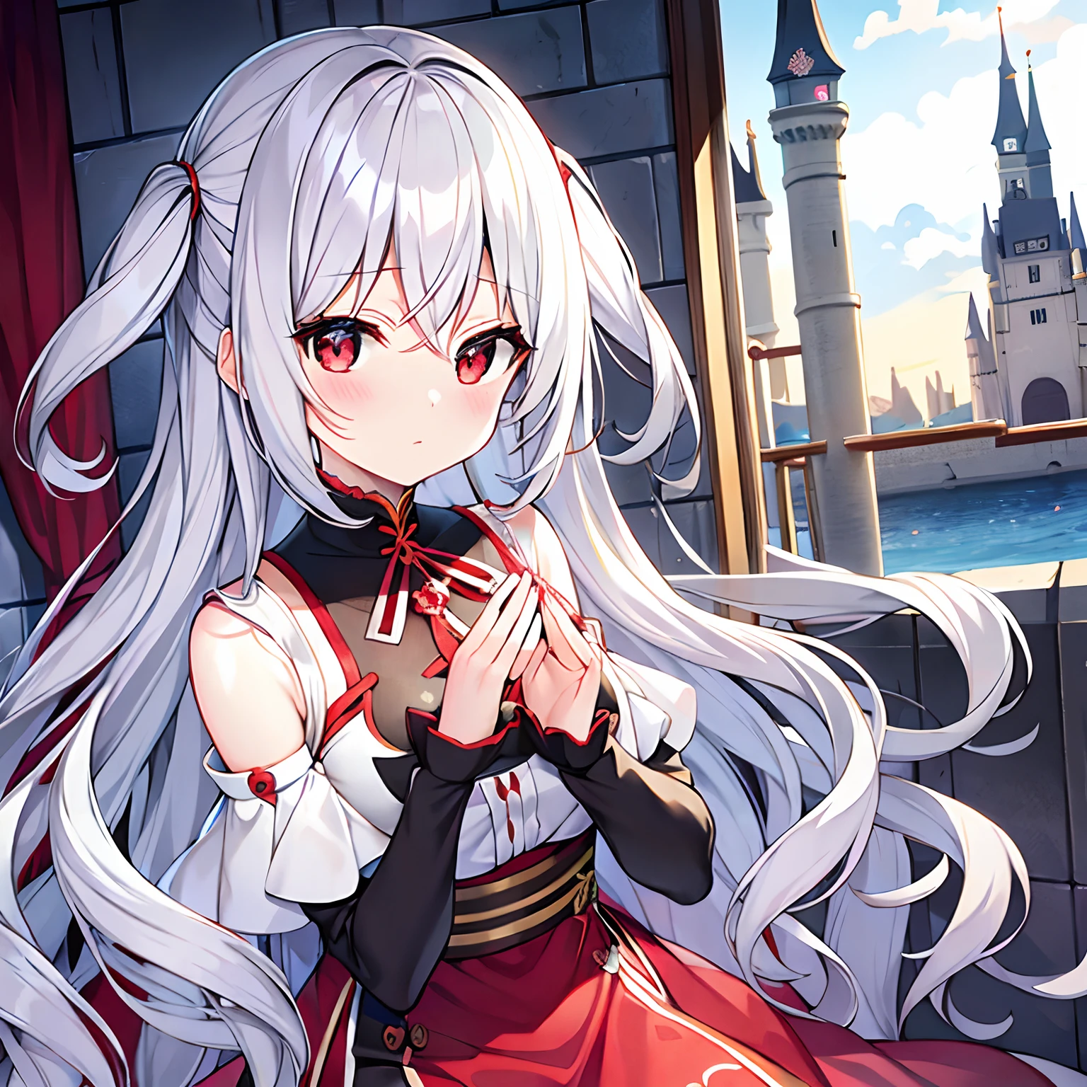 wavy silver hair、red eyes、Beautiful girl alone、独奏、animesque、ninjartist、Castles